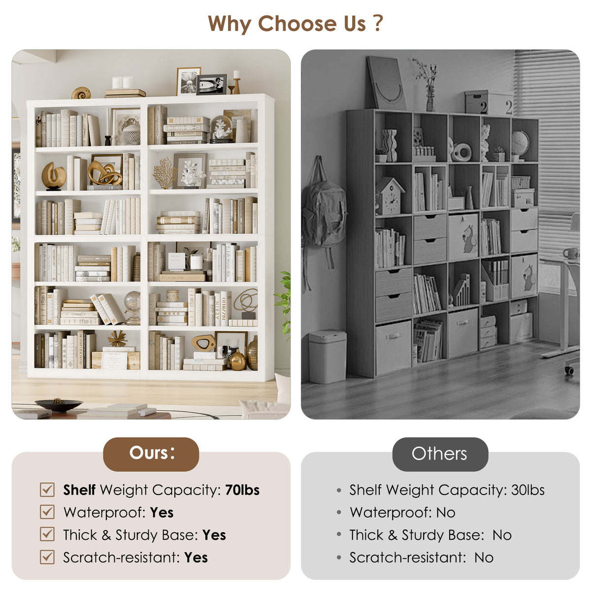 Hiphuta 63"W Extra Large and Sturdy Bookcase, Double Wide 6-Tier Bookshelf, For Home Office and Living Room, Wooden Freestanding Display Shelf, White