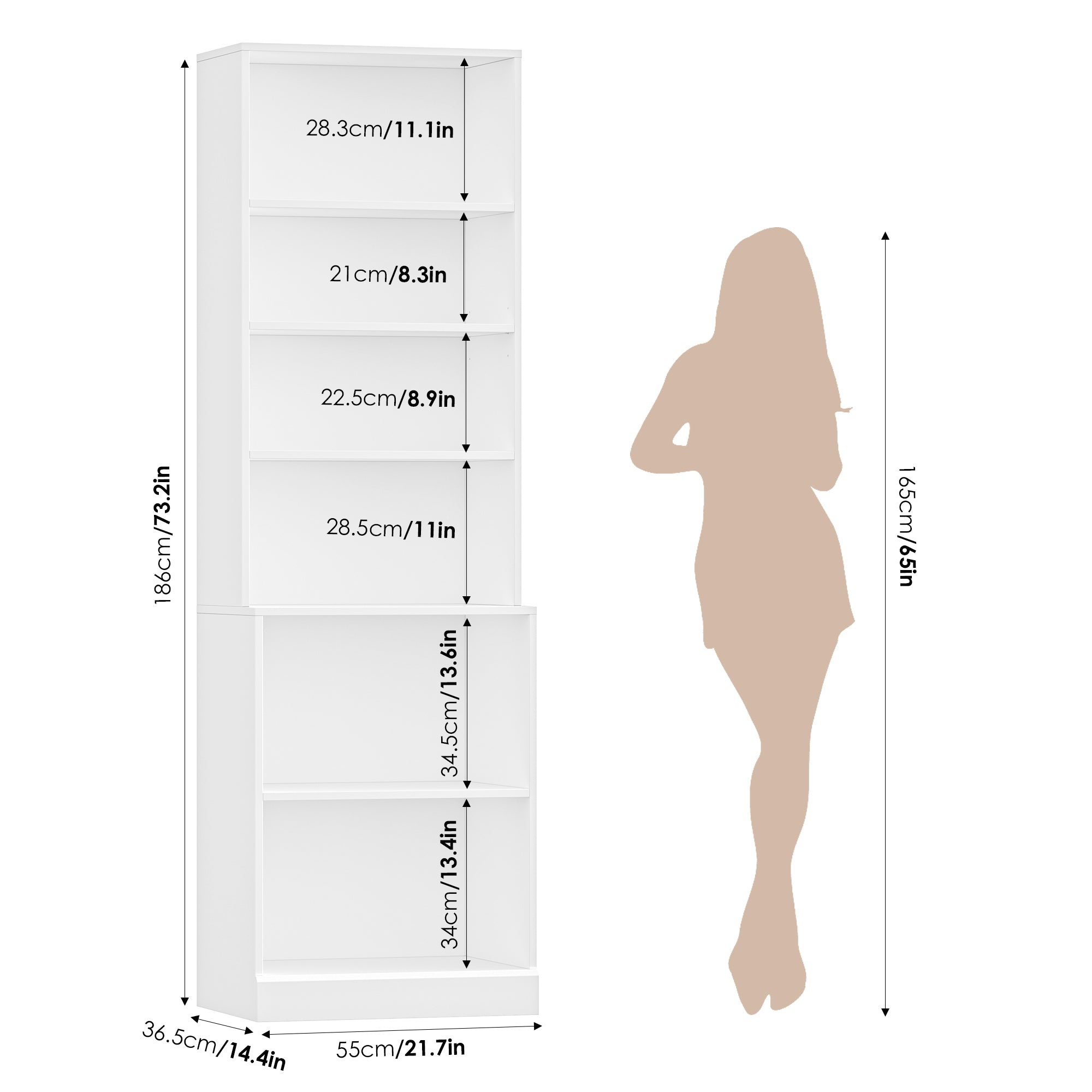 Hiphuta 73 in Tall 6-Tier Bookcase, 22" Wide Bookcase with Adjustable Shelf, Modern Minimalist Bookshelf for Home Office, Living Room, White