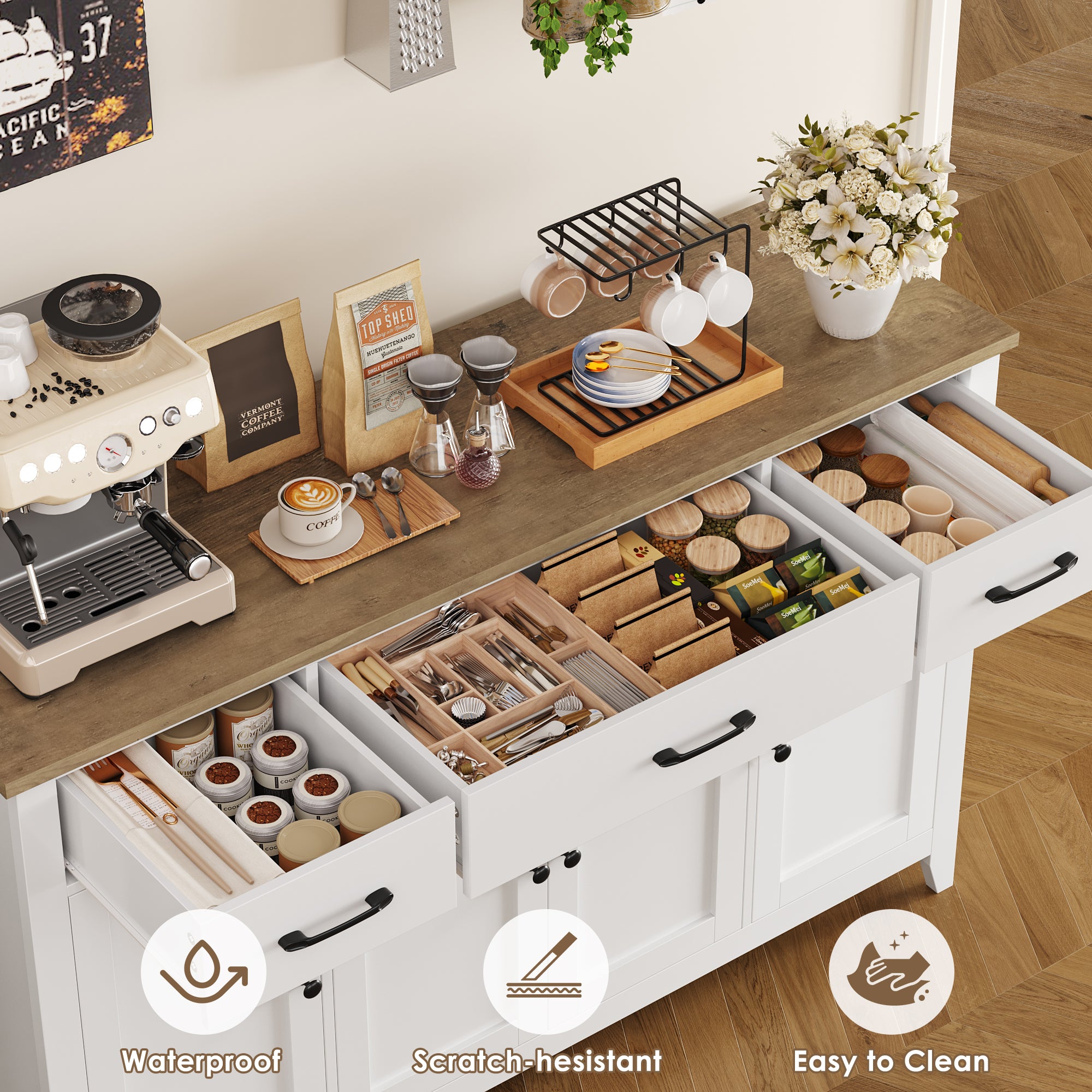 Hiphuta 55"Wide Buffet Cabinet with 2 Adjustable Shelves, Modern Farmhouse Coffee Bar with 3 Drawers and Sturdy Base for Living Room, White