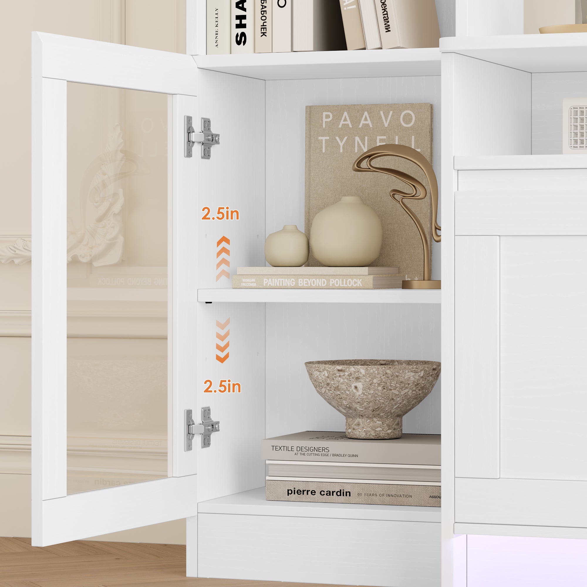 Hiphuta 79" W Wall Unit Entertainment Center for TVs up to 65", Farmhouse Wall Unit TV Stand with Bookshelves and Cabinet, Entertainment Center with LED Lights for Living Room, White