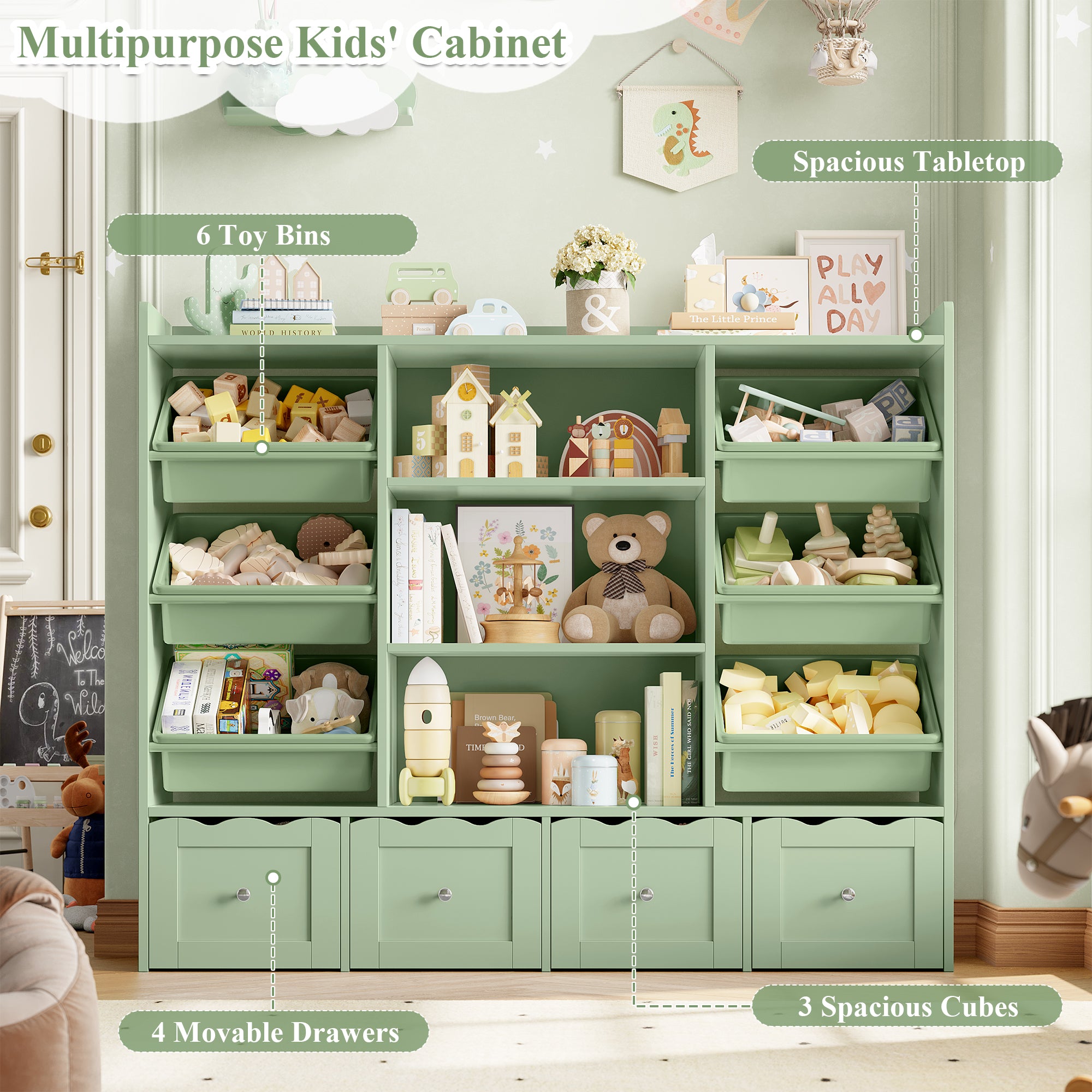 Hiphuta 55" Wide Toy Storage Organizer with 4 Removable Drawers, 4-Tier Kid Bookcase with 6 Bins, Toy Organizer with Bookcase for Kid Bedroom Playroom, Green