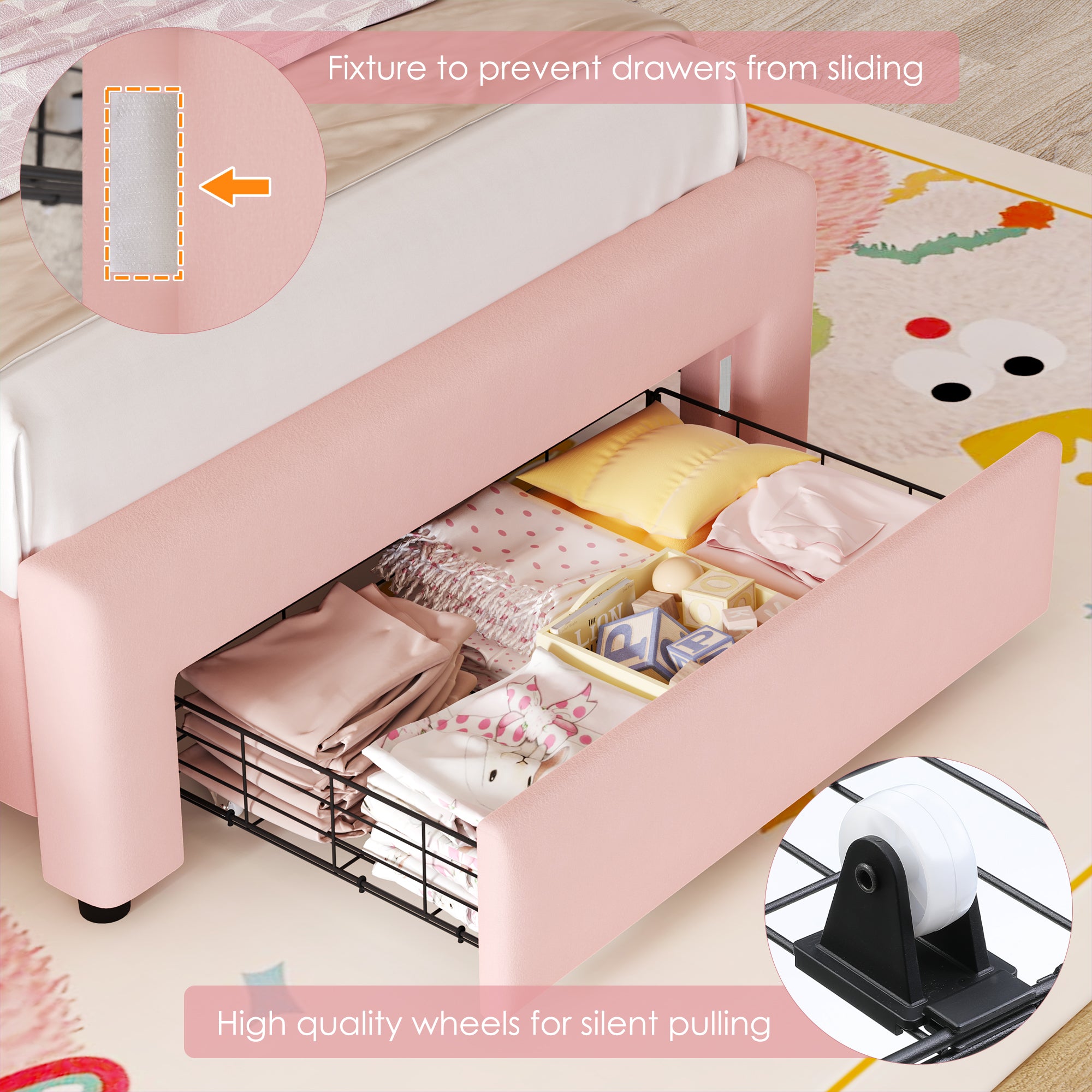 Hiphuta Twin Size Bed with Power Outlet & LED, Upholstered Princess Beds with Drawer, Twin Beds with Headboard Storage, Pink