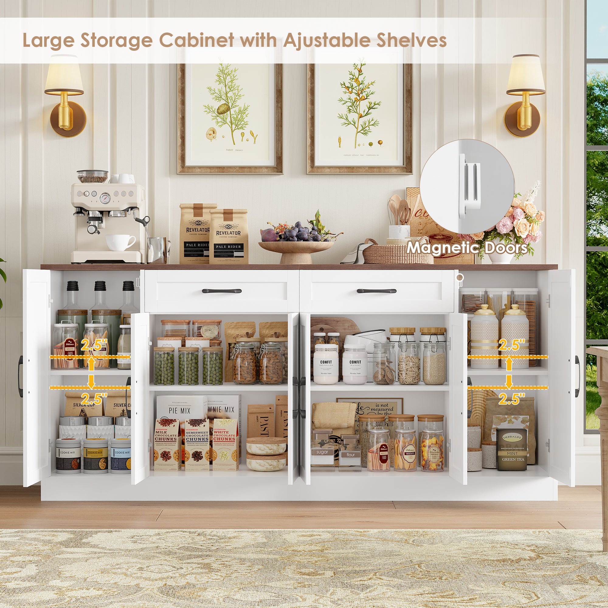 Hiphuta 70.8"W Large Buffet Cabinet with Storage, Modern Farmhouse Sideboard with 6 Doors, Coffee Bar for Kitchen Dining Room Living Room, White