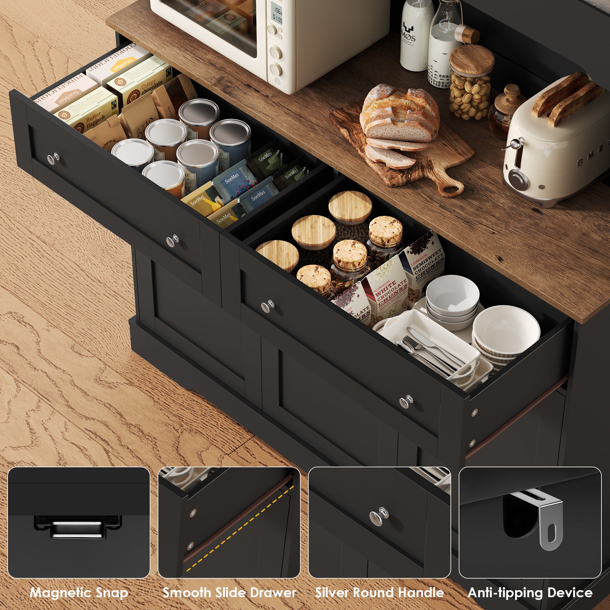 Hiphuta 72"Tall Kitchen Pantry Storage Cabinet with Power Outlet, Freestanding Cupboard Storage Buffet Hutch with Microwave Stand, Coffee Bar with Drawers & Glass Doors, Black & Oak