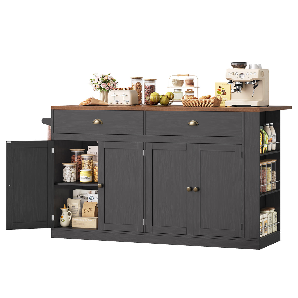 Hiphuta 63" Large Kitchen Island Cart with Storage, Rolling Island Table with Adjustable Shelves and 4 Drawers, Movable Buffet Cabinet for Dining room, Black