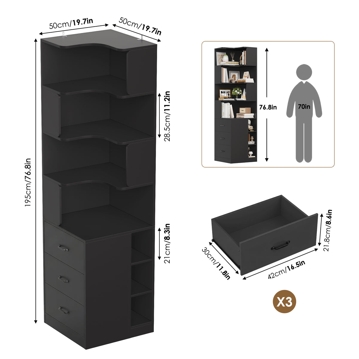 Hiphuta 77"Tall L-Shaped Corner Bookshelf with Drawers and Side Storage, Modern Wood Bookcase with 4-Tier Display Shelves Storage Cabinet for Living Room Home Office , Black