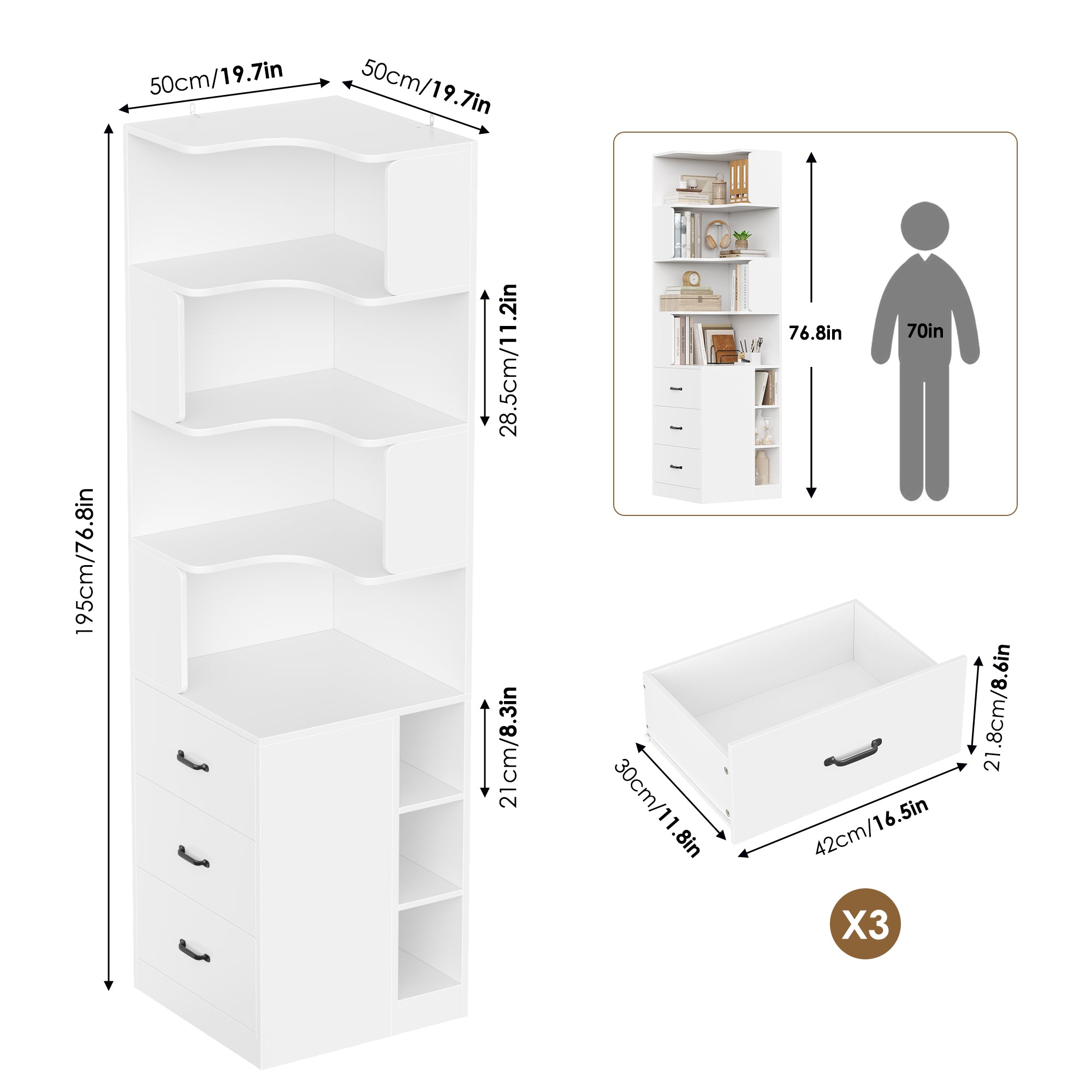 Hiphuta 77"Tall L-Shaped Corner Bookshelf with Drawers and Side Storage, Modern Wood Bookcase with 4-Tier Display Shelves Storage Cabinet for Living Room Home Office , White