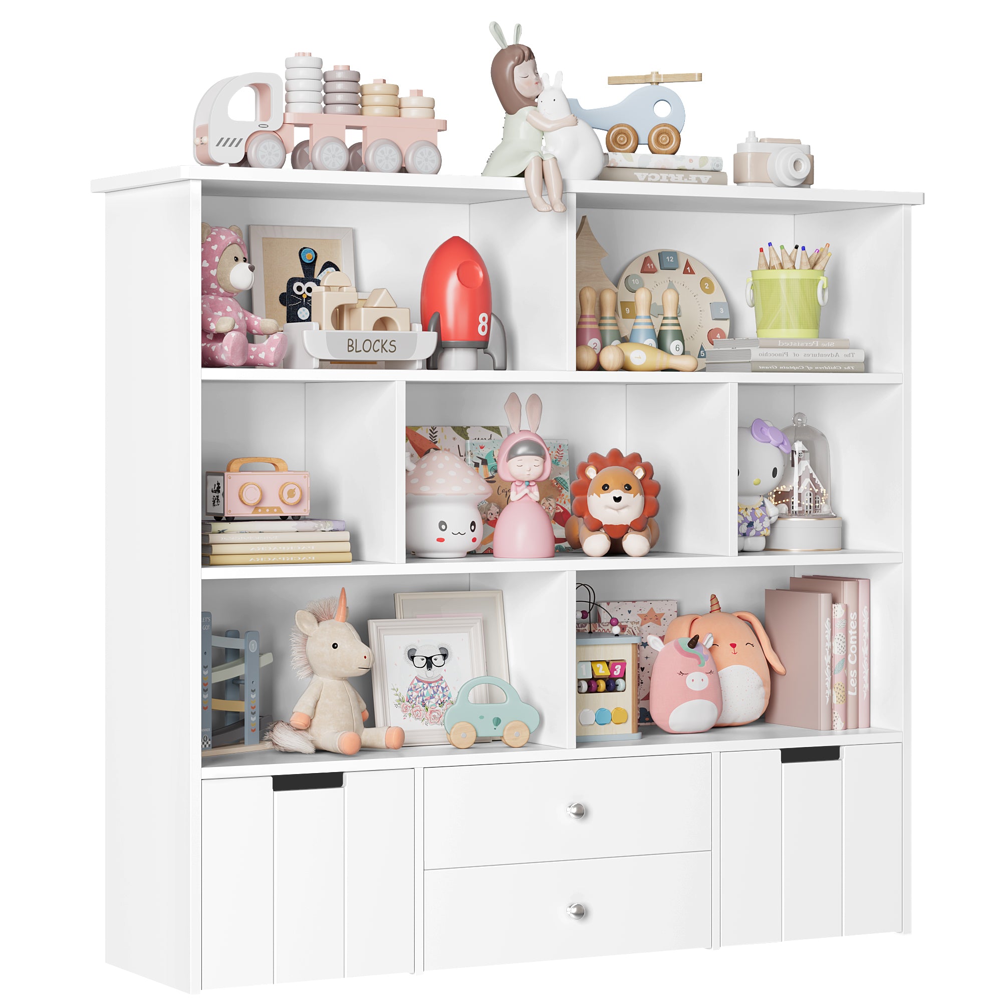 Hiphuta Kid’s Toy Storage Organizer, Wood Toy Cabinet of 7 Cubes & 4 Drawers, White Bookshelf for Kids Bedroom