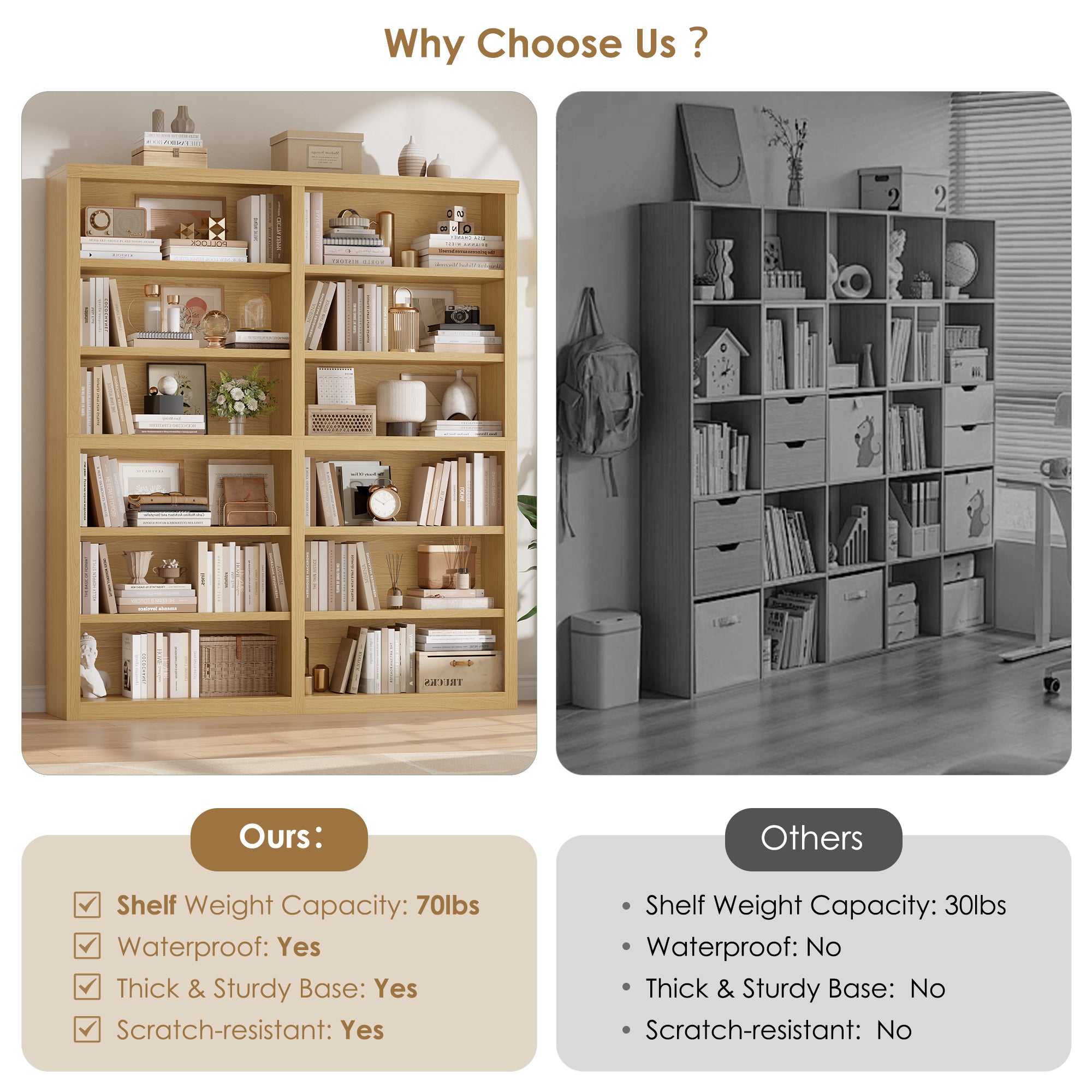 Hiphuta 63"W Extra Large and Sturdy Bookcase, Double Wide 6-Tier Bookshelf, Tall Bookcase for Home Office and Living Room, Wooden Freestanding Display Shelf, Natural