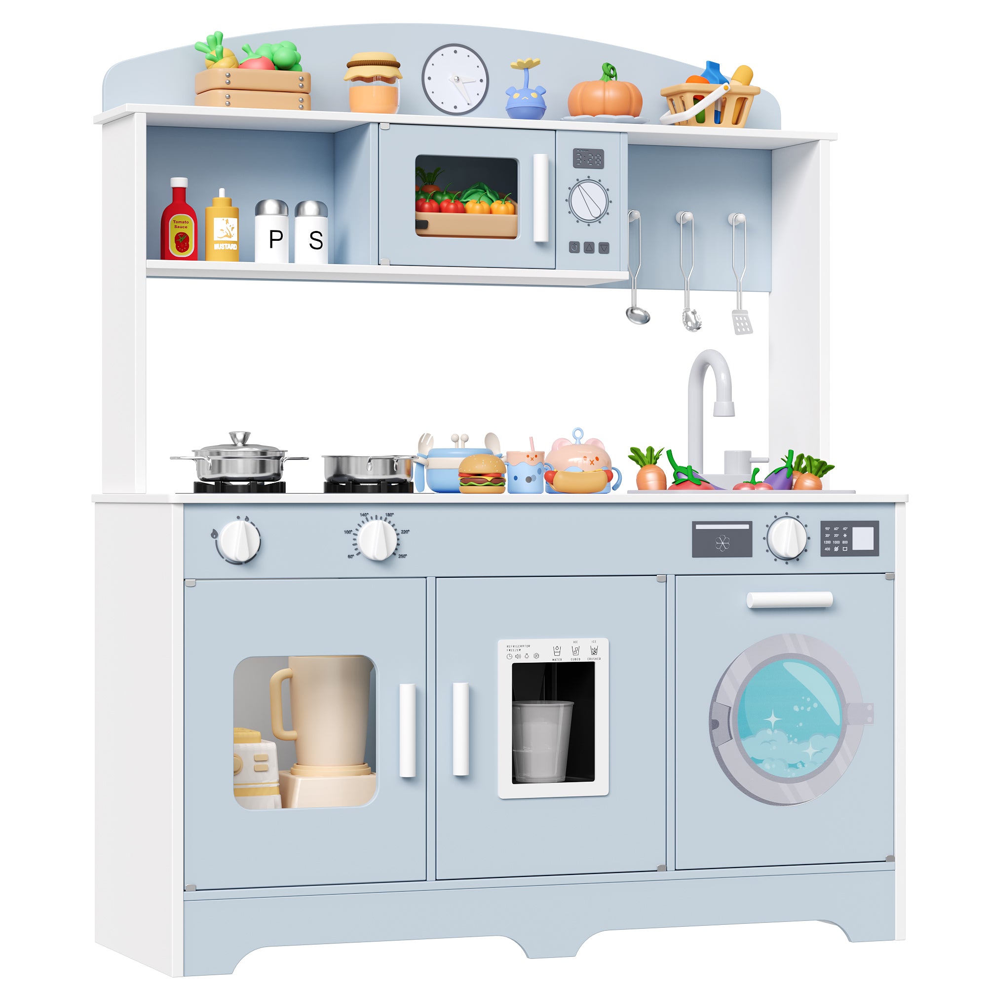 Hiphuta Play Kitchen for Kids, Wooden Kids Kitchen Playset with Plenty of Play Features, Chef Pretend Play Set for Boys and Girls Age Ages 3-10, Toys Kitchen with 11 Pcs Accessories, Blue