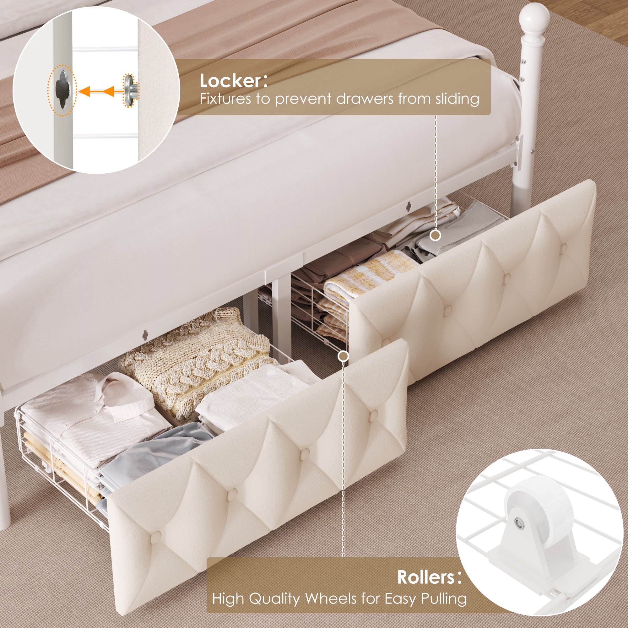 Hiphuta Queen Size Upholstered Canopy Bed with Charging Station & Storage Drawer, Metal Platform Bed with Button Tufted Headboard, Queen Velvet Bed for Adults, Curtain Not Included, Beige