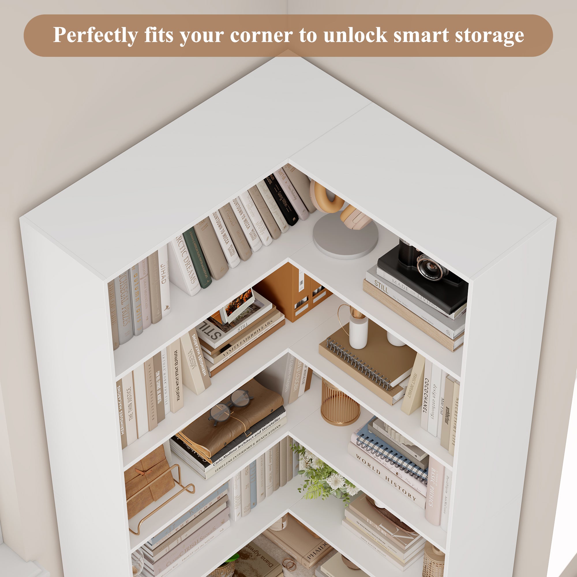 Hiphuta 74" Tall Corner Bookcase, Modern 6-Tier Corner Wooden Bookshelf, Minimalist L-Shaped Bookcase for Office Living Room, White