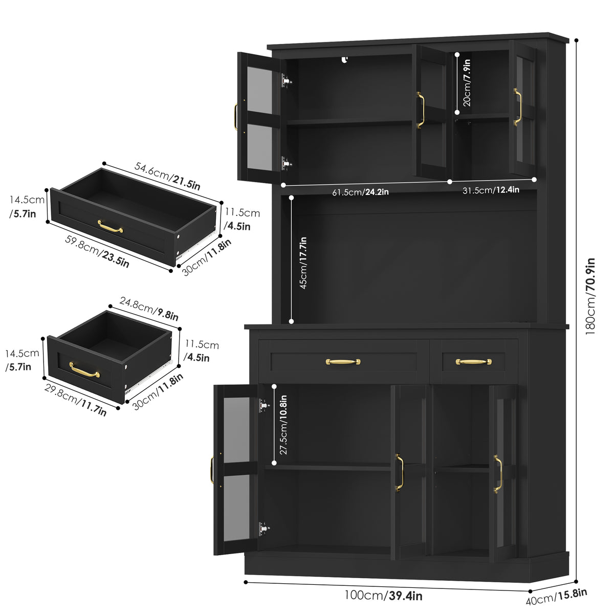 Hiphuta 71" Pantry Cabinet with Charging Station, Kitchen Pantry Storage Cabinet with Microwave Stand & Wine Rack, Food Pantry Cabinet with Countertop for Dining Room, Black