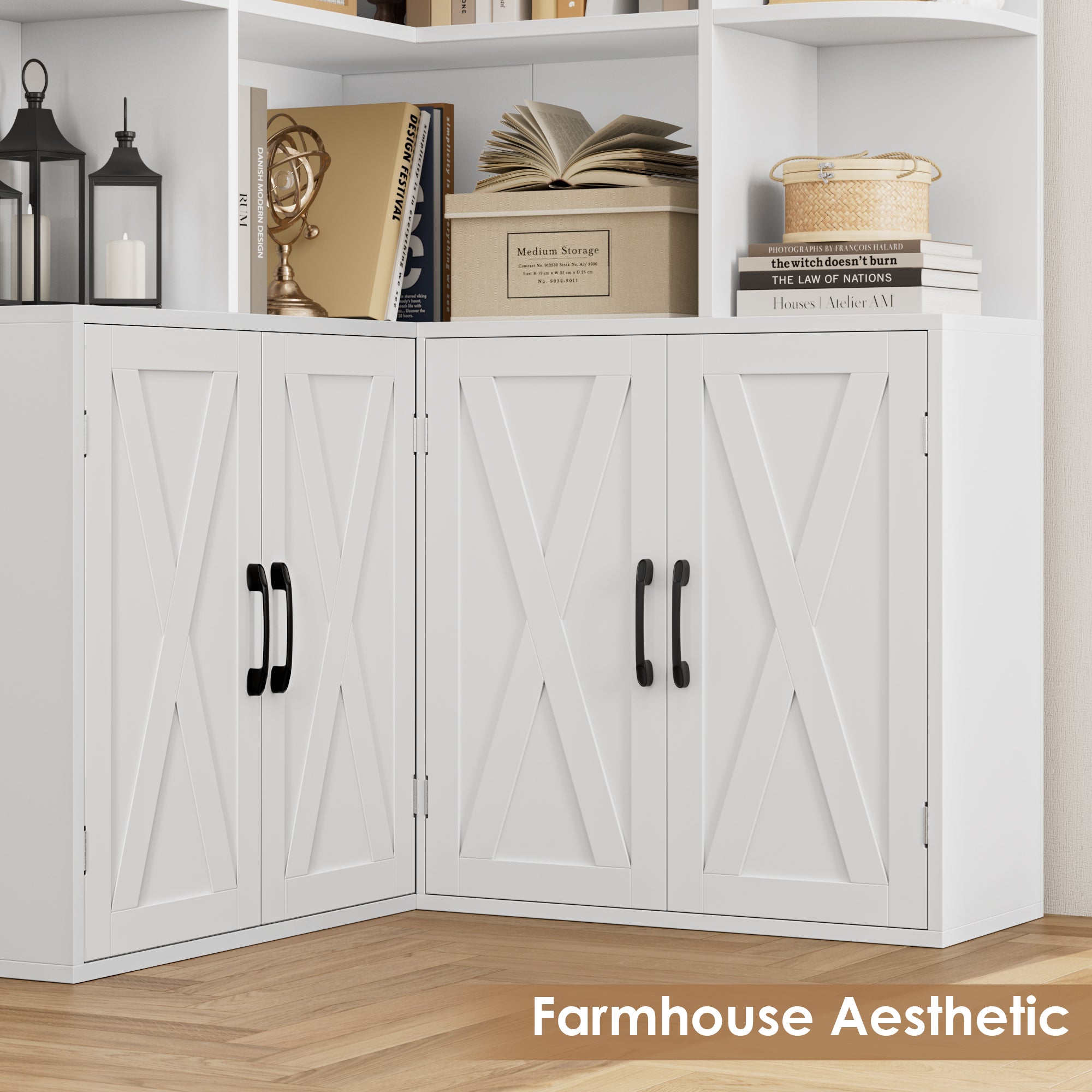 Hiphuta 74" Tall 6 Tier Corner Bookcase with 4 Doors, 31" Wide Farmhouse Large Corner Bookcase with Curved Edges, L Shaped Bookshelf for Office Living Room, White