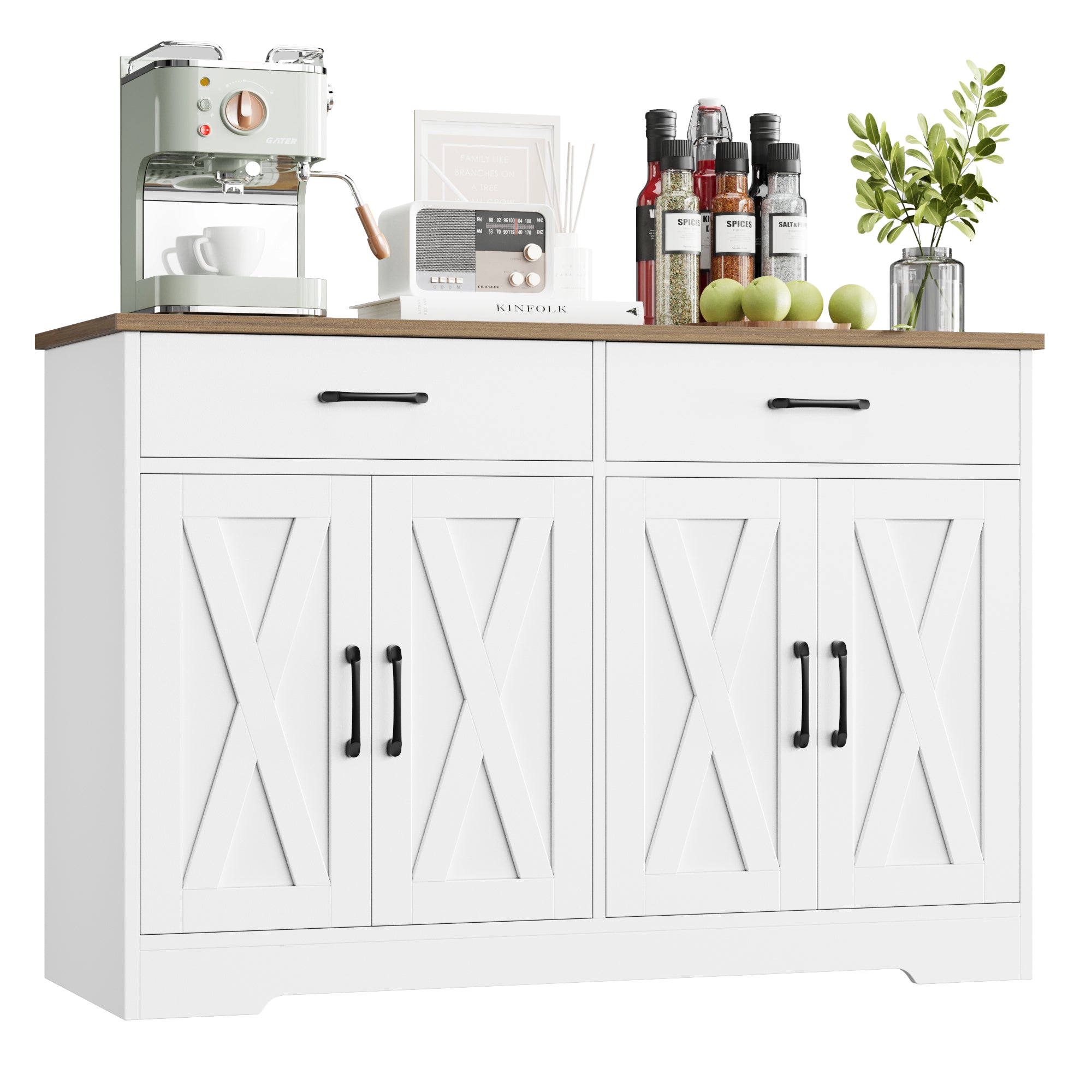 Hiphuta 47" Farmhouse Sideboard Storage Cabinets with 4 Doors & 2 Drawers, Cabinet with Brown Top for Living Room, White