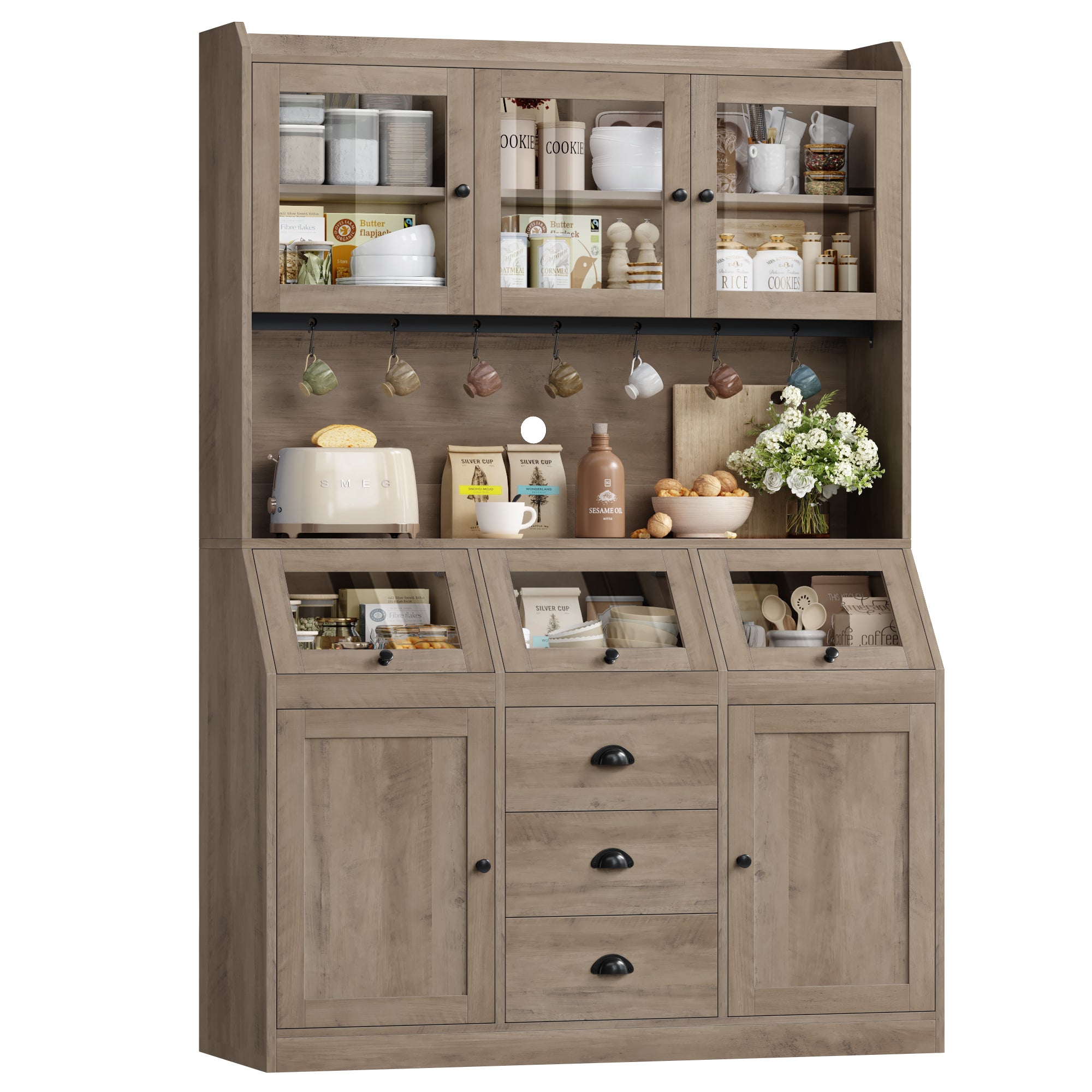 Hiphuta Farmhouse Kitchen Pantry Storage Cabinet, 71”H Freestanding Hutch with 8 Doors and 3 Drawers for Dining and Living Room, Brown