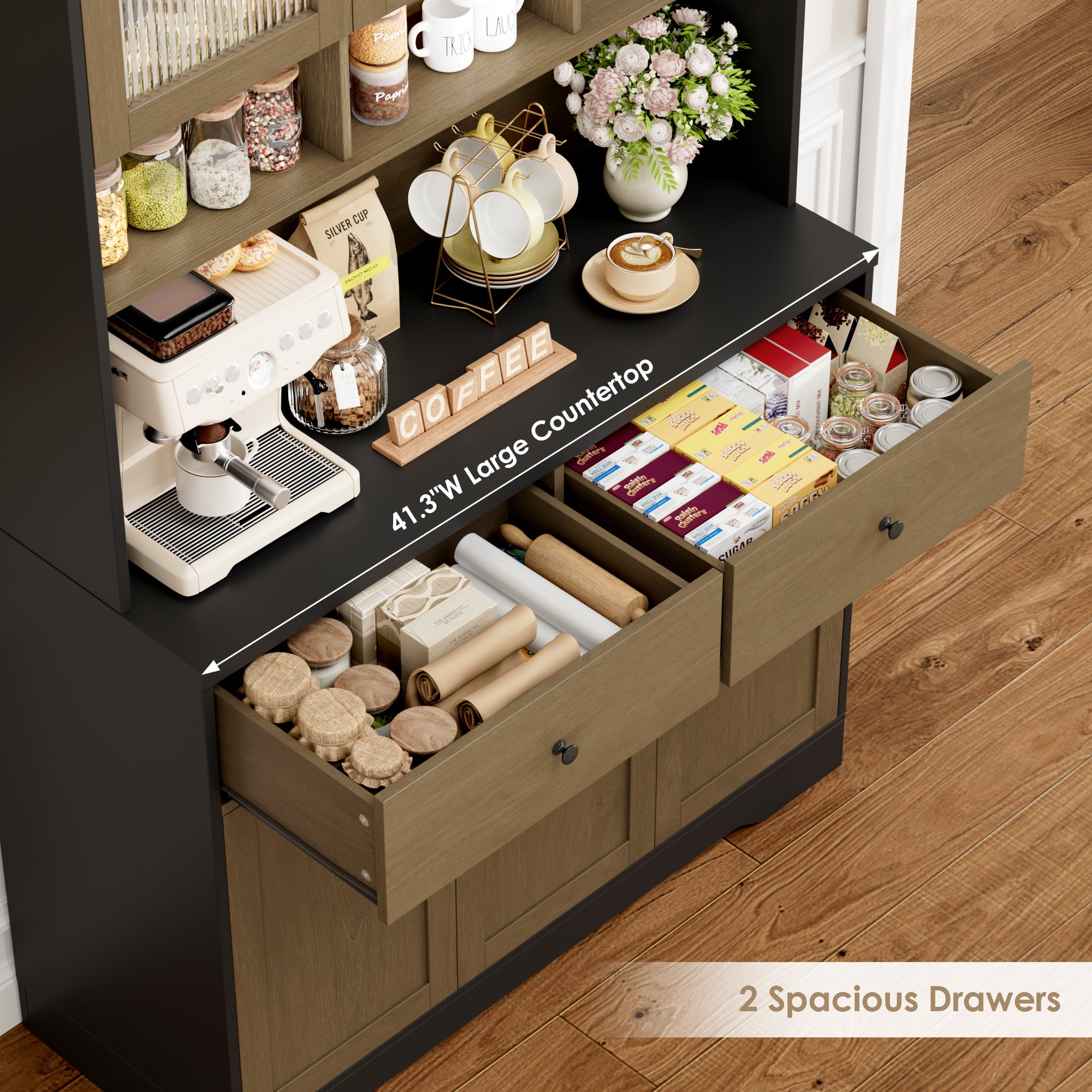 Hiphuta 71"in Modern Kitchen Pantry Storage Cabinet, Freestanding Kitchen Hutch Cabinet with Adjustable Shelves & Microwave Stand, Modern Coffee Hutch for Dining Room, Oak