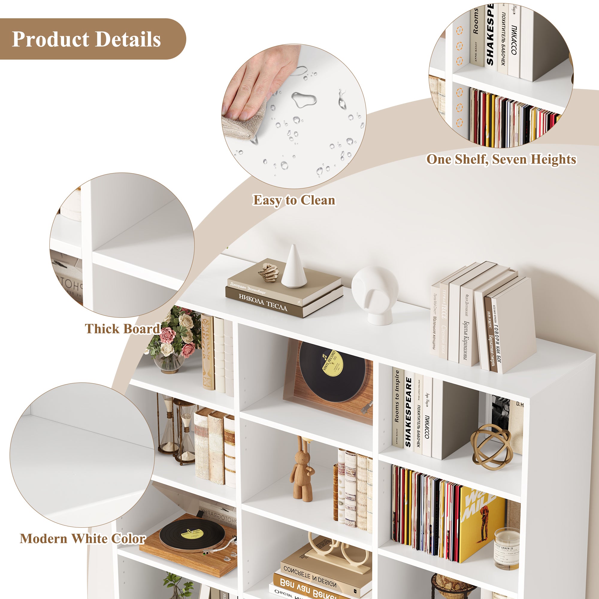 Hiphuta 27-Cube 9-Tier Bookcase, 75" Tall Triple-Wide CD Media Storage Organizer with 15 Adjustable Shelves, Freestanding Display Shelf, White