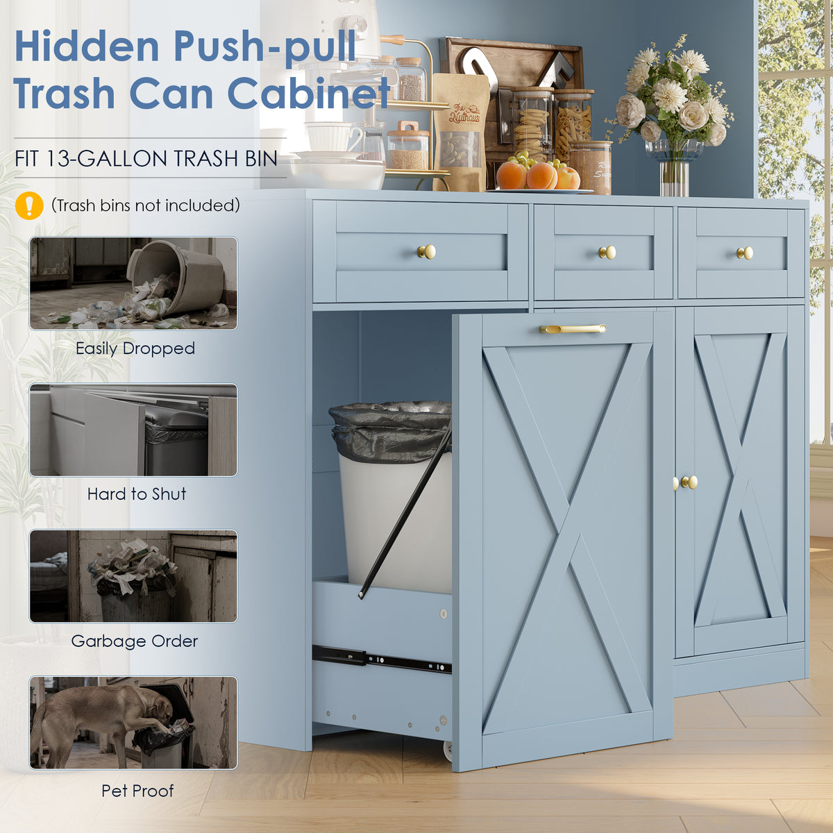 Hiphuta 73” Tall Kitchen Pantry Cabinet Fits 13 Gallon Trash Can Cabinet, Farmhouse Kitchen Storage Hutch with Pull Out Trash Can Storage for Dining Room Living Room, Light Blue