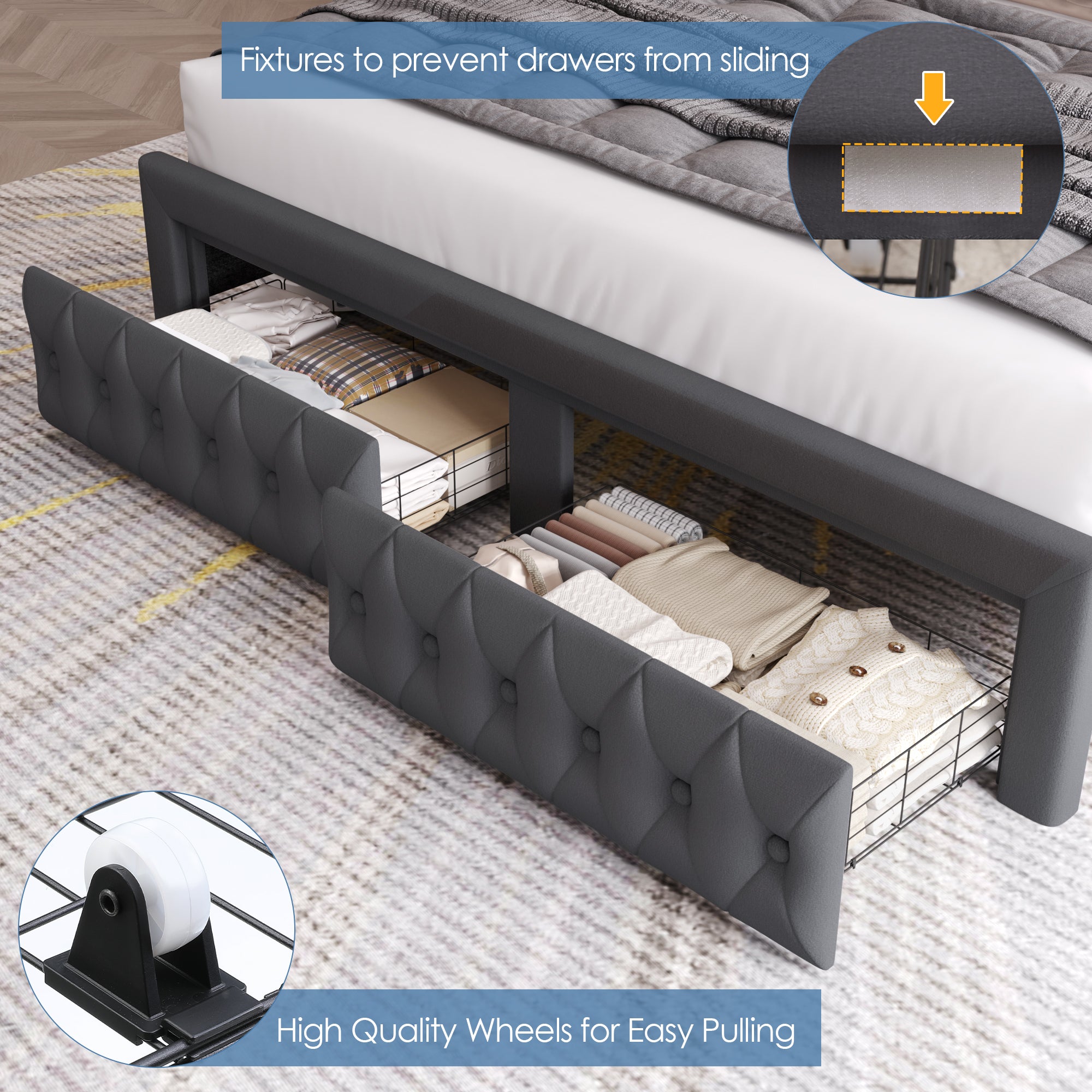 Hiphuta King LED Bed with 2 Drawers, LED Lights Platform Bed Frame with Upholstered Button Tufted Headboard, No Box Spring Needed, Velvet Gray