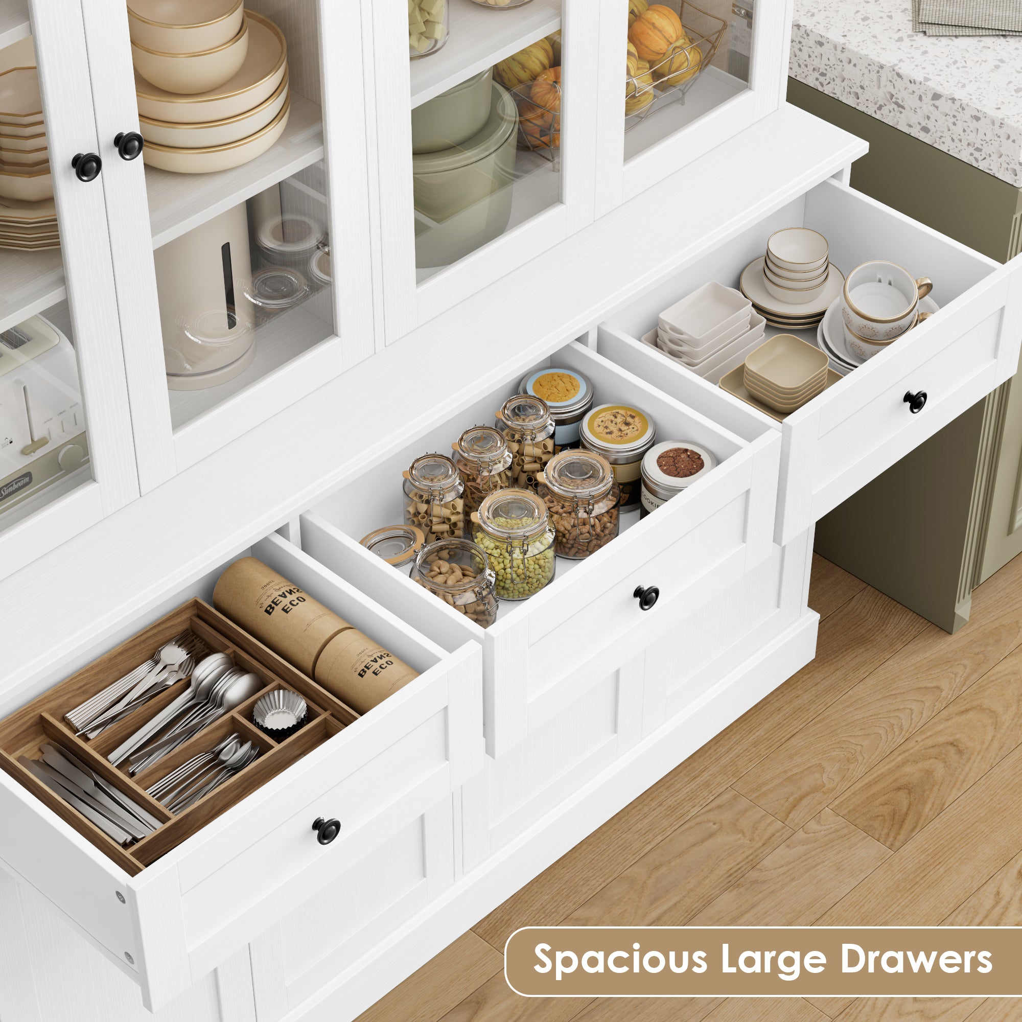 Hiphuta 58" Extened Wide Farmhouse Kitchen Pantry Storage Cabinet, 71”H Freestanding Hutch with 8 Doors and 3 Drawers for Kitchen, White