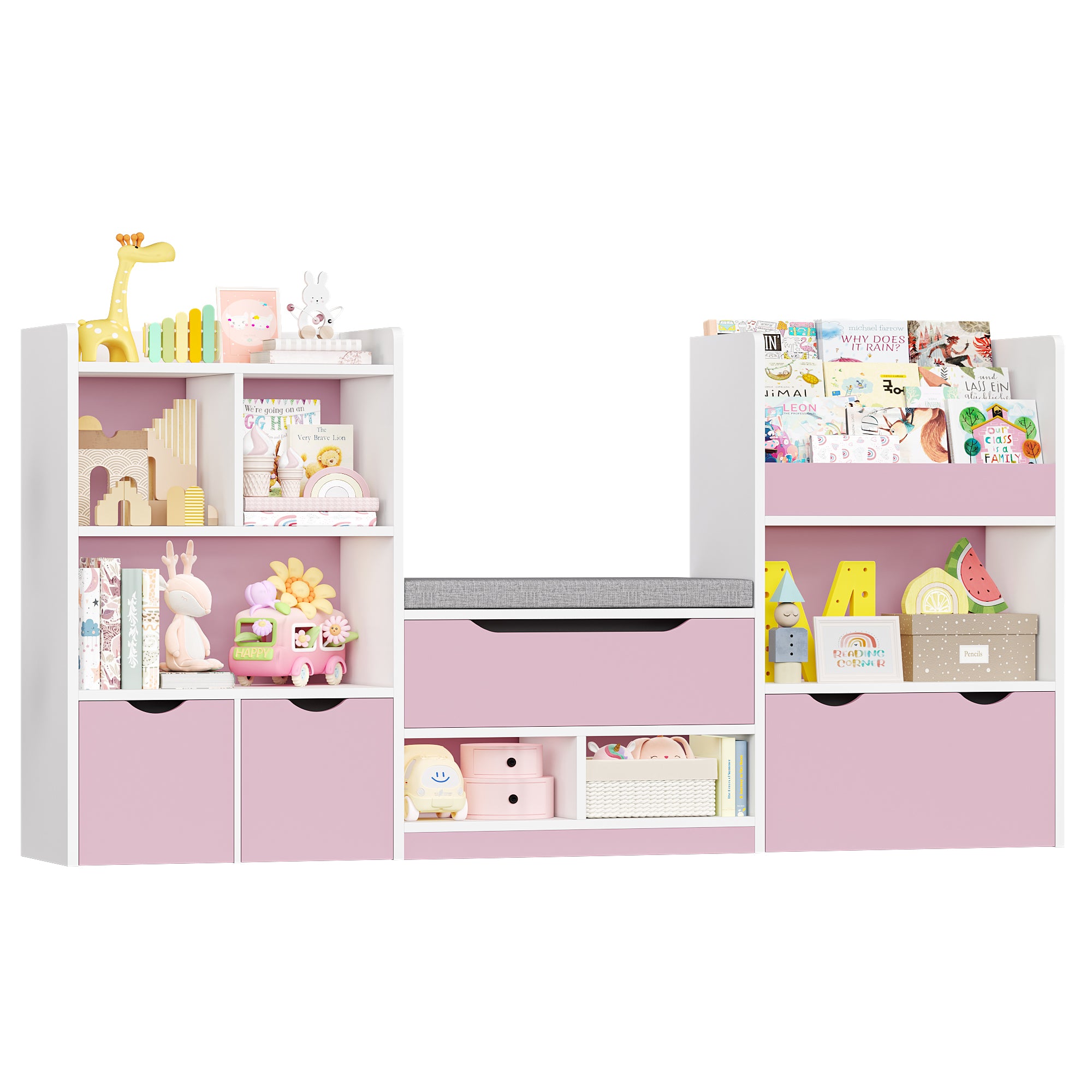 Hiphuta 72"Wide Kids Bookshelf with Reading Nook and Under Bench Storage, Kids Bookcase with Toy Organizer & Book Rack for Kids, Pink