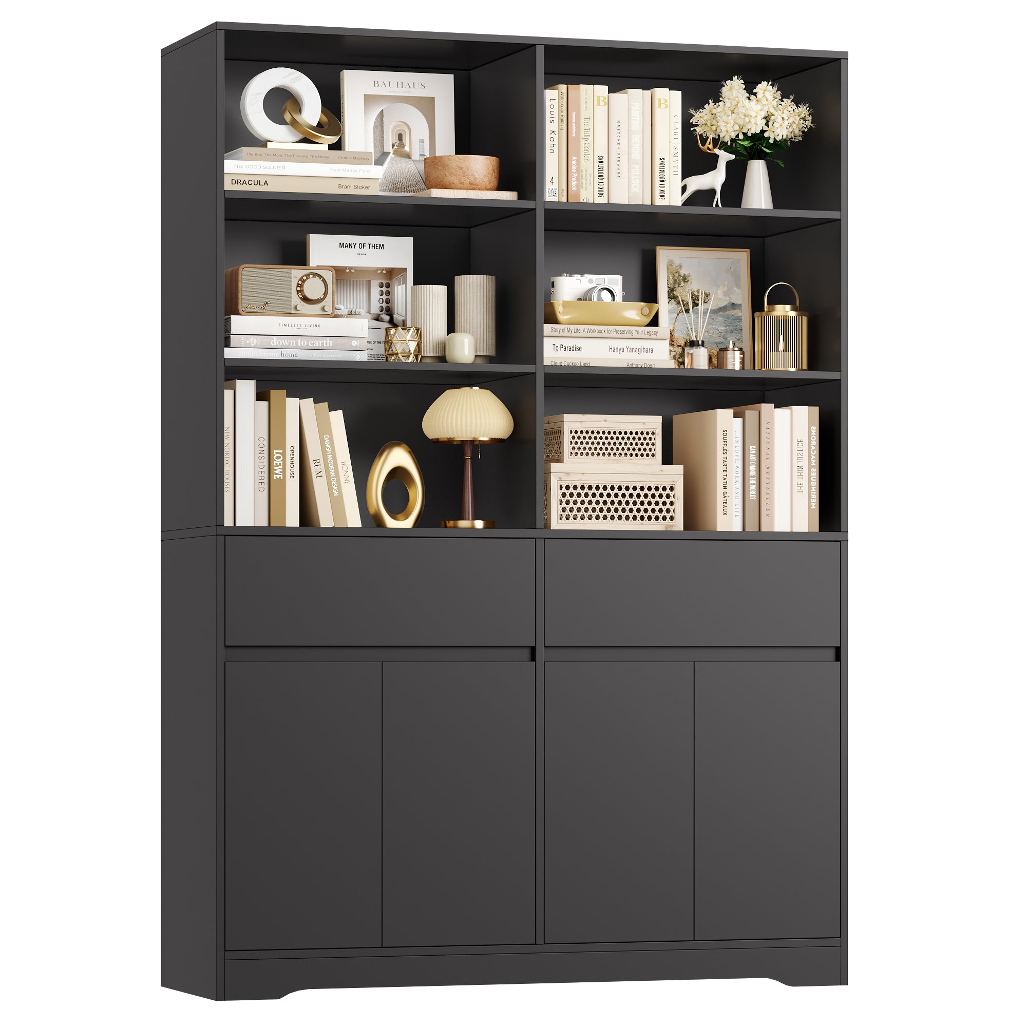 Hiphuta 69"H Modern Bookcases with Doors & Drawers, Large Wooden Display Shelf for Home Office, Wooden Storage Bookshelf for Living Room, Black