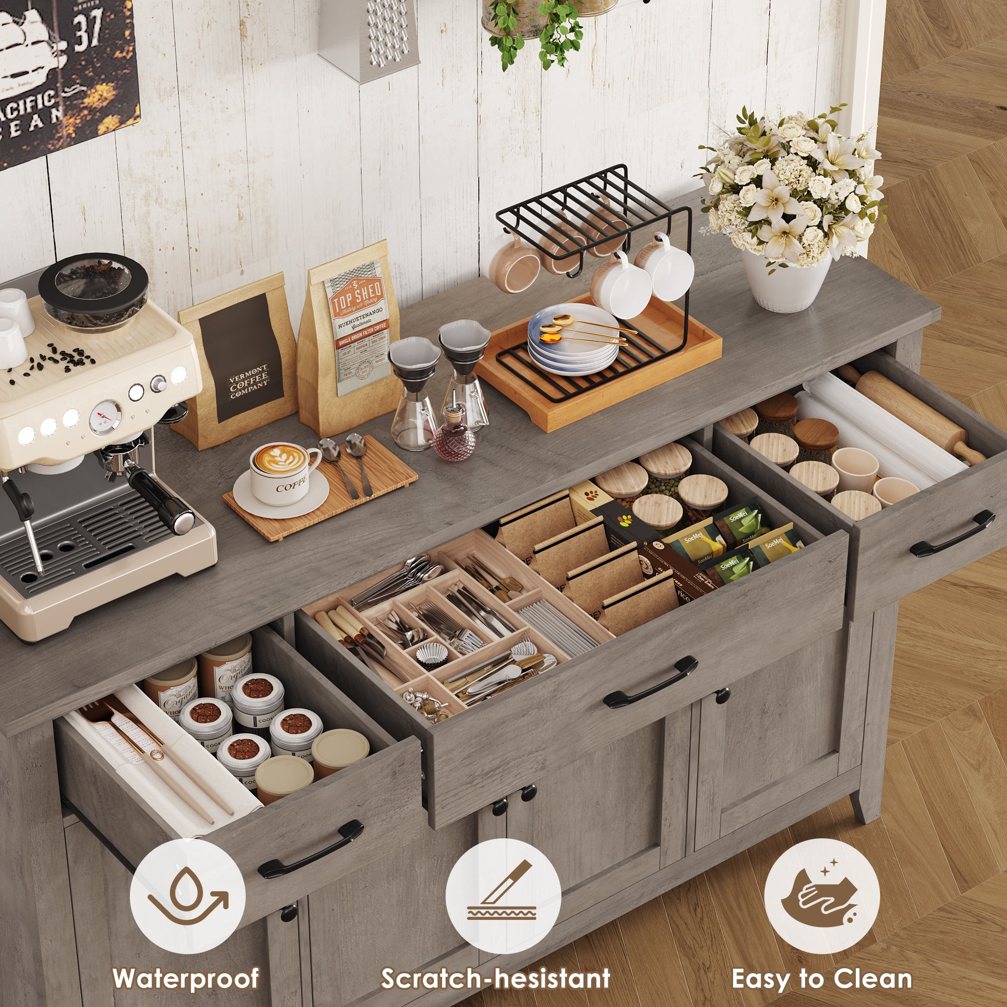 Hiphuta 55"Wide Buffet Cabinet with 2 Adjustable Shelves, Modern Farmhouse Coffee Bar with 3 Drawers and Sturdy Base for Living Room, Ash Gray
