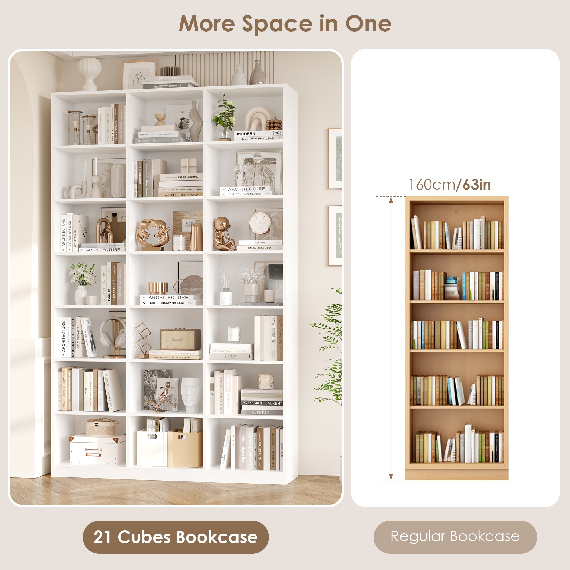 Hiphuta 86"H x 47"W Wood Triple 7-Tier Standard Bookcase, Tall Bookcase for Bedroom, Living Room and Office, Freestanding 21 Cubes Display Storage Shelves, White