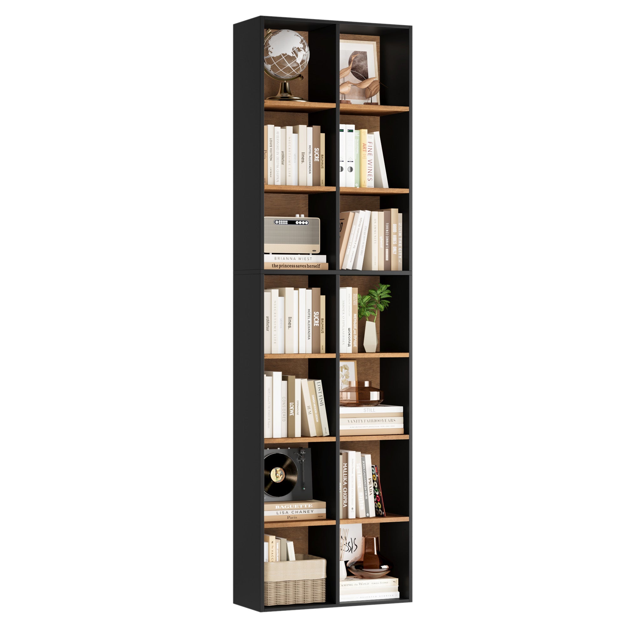 Hiphuta Tall Narrow Bookshelf 14 Tiers, Compact Corner Bookcase, Easy to Match for Living Room, Office, Study, Bedroom, Black & Oak