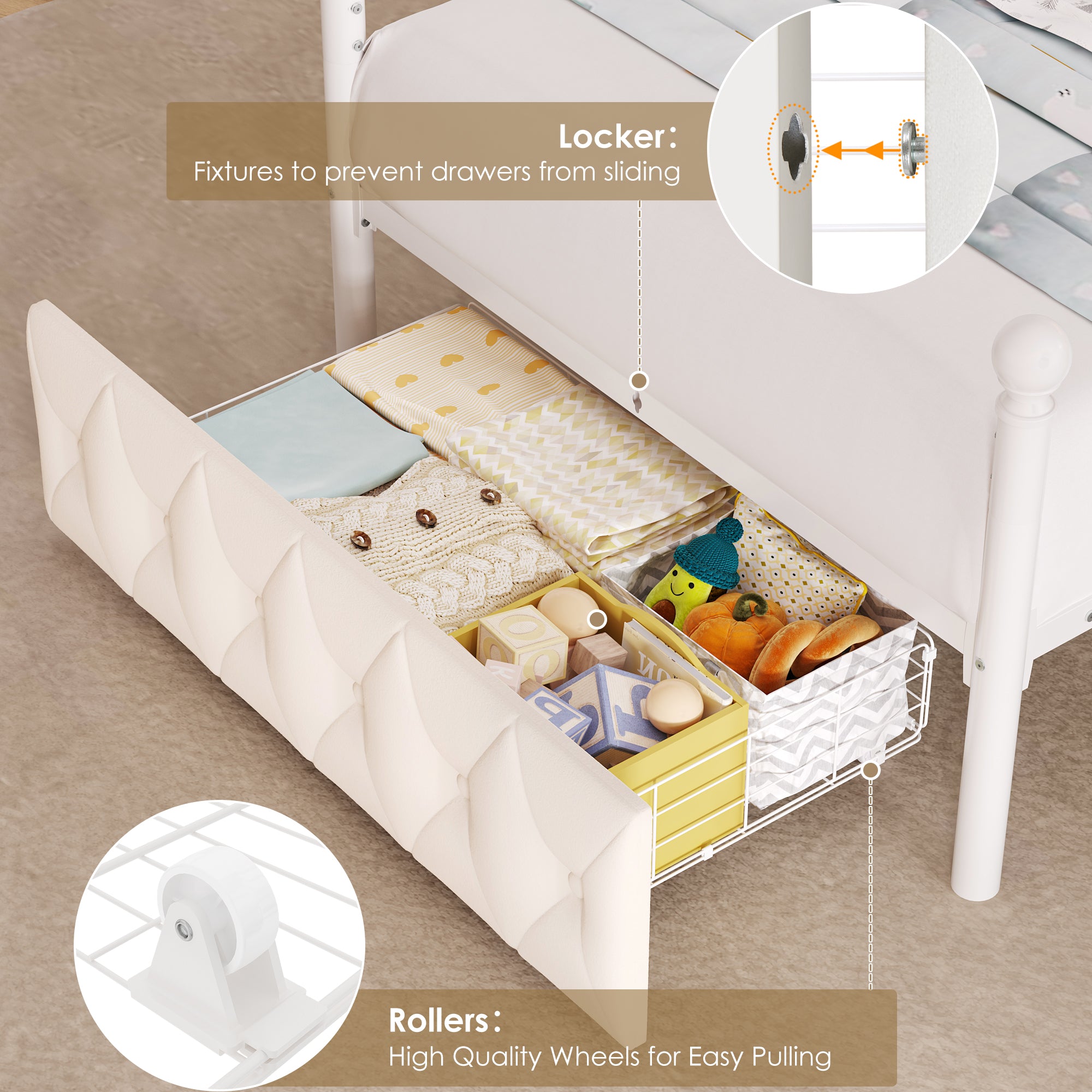 Hiphuta Twin Size Upholstered Princess Canopy Bed with Charging Station & Storage Drawer, LED Platform Bed with 4 Removable Posts, Twin Bed for Kids, Curtain Not Included, Beige