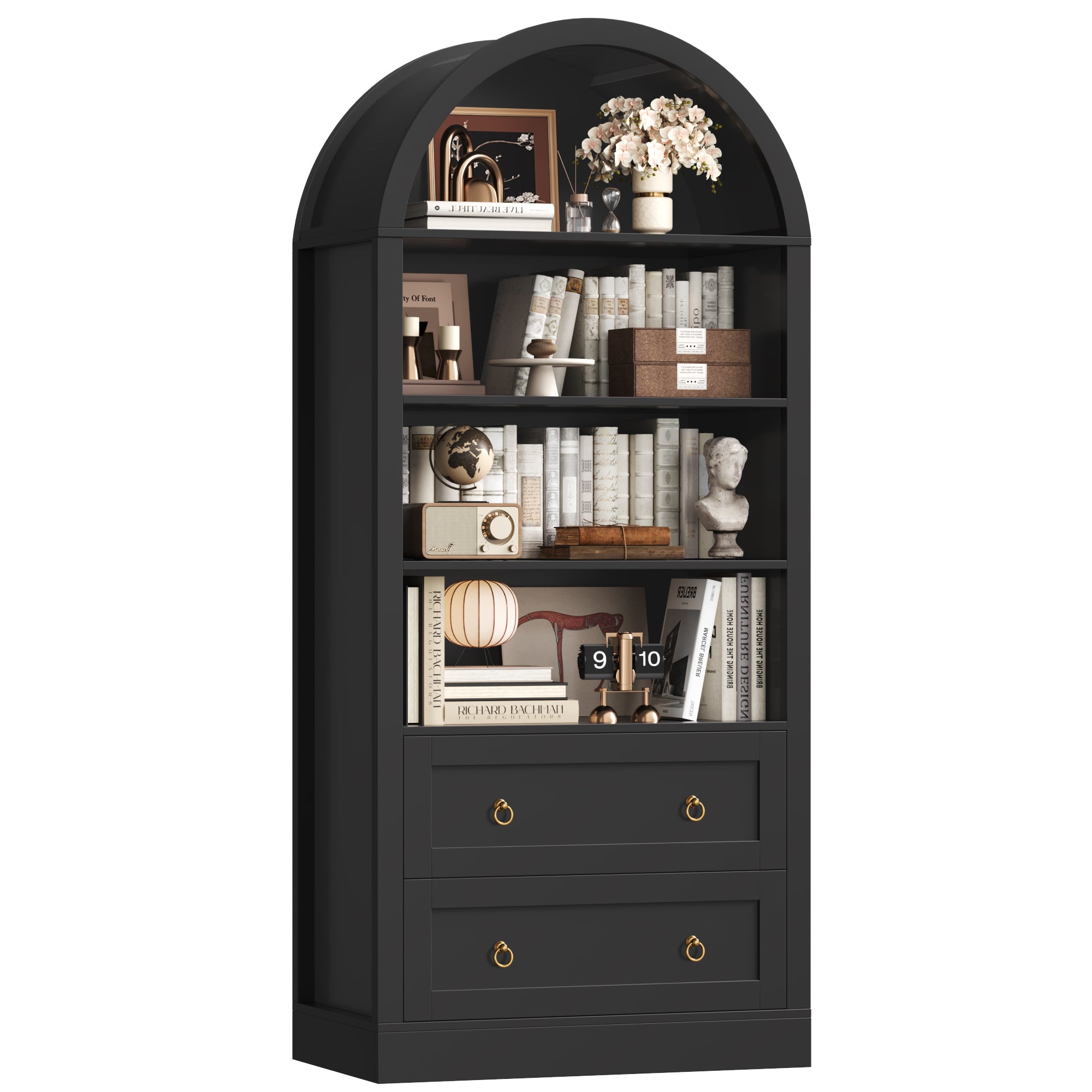 Hiphuta 70"Tall Arched Bookshelf, 4-Tier Bookcase with 2 Large Drawers, Wooden Display Shelf with Storage for Living Room Home Office, Black