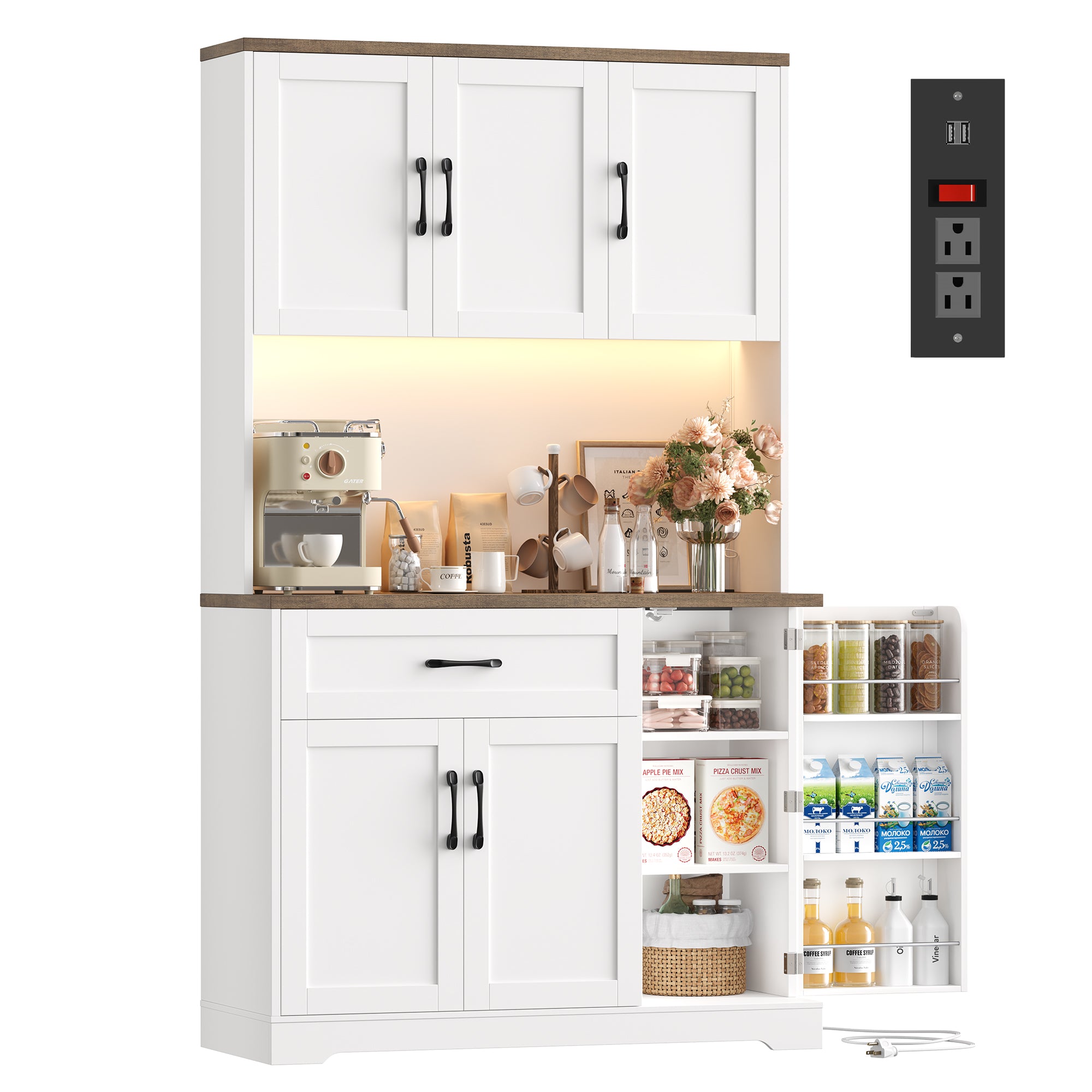 Hiphuta 71”Tall Modern Pantry Cabinet with Power Outlet & LED, Freestanding Kitchen Hutch Cabinet for Dining Room, White