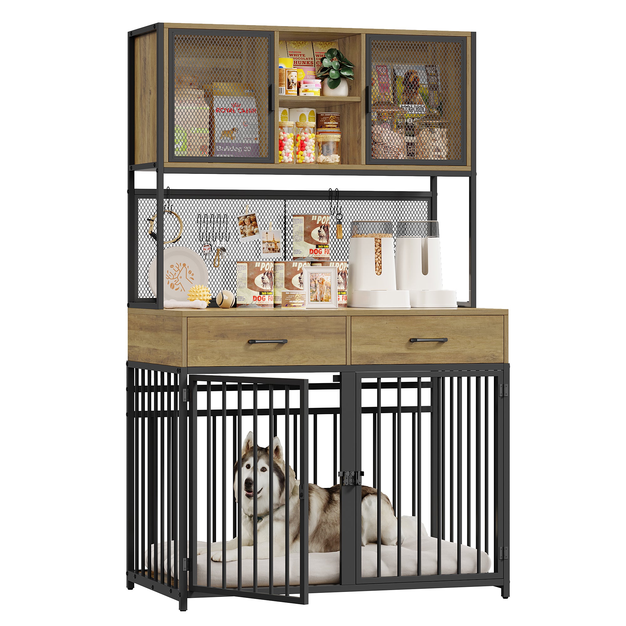 Hiphuta Dog Crate Furniture, Wooden Dog Crate with Drawers, Large Dog Cage Furniture for Living Room, Decorative Pet Sturdy Dog Kennel Furniture for Indoor, Rustic Brown