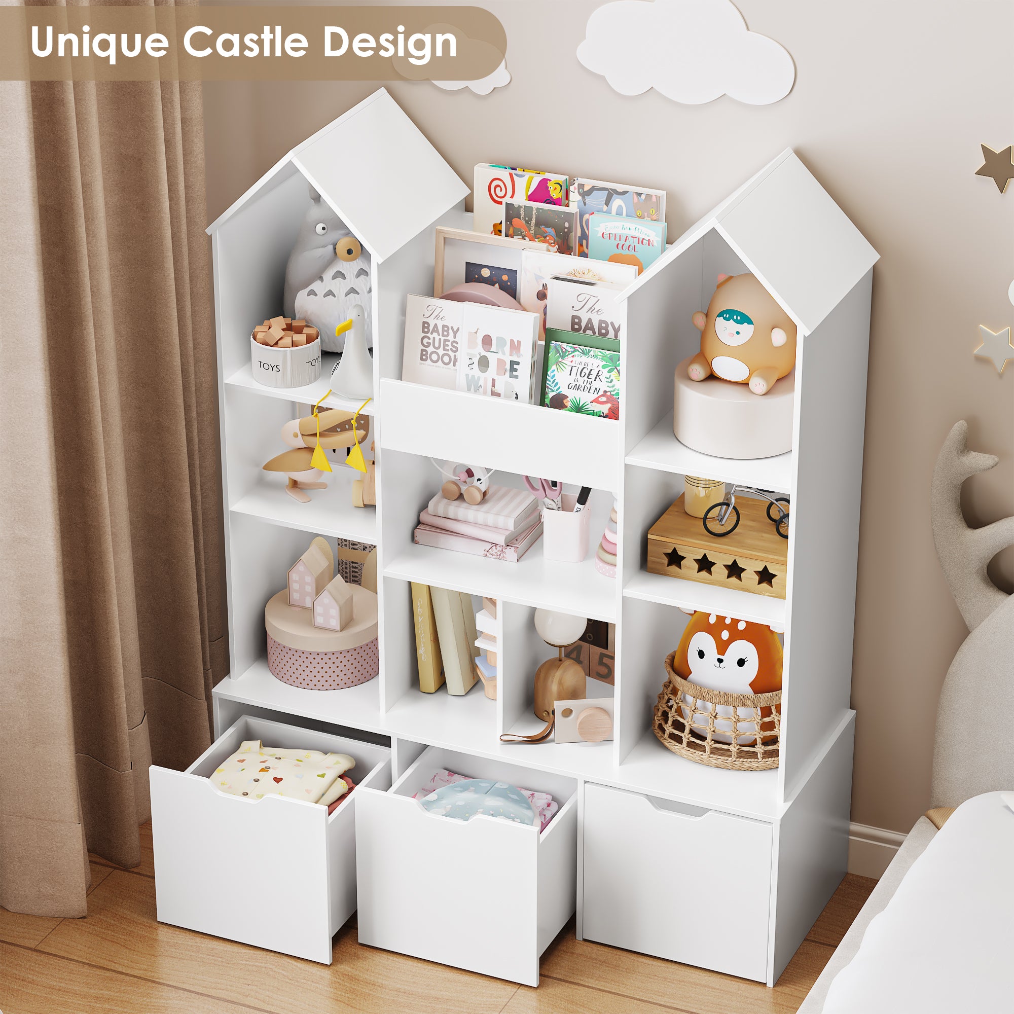 Hiphuta Kid’s Toy Storage Organizer with 3 Removable Drawers, Children's Bookcase with Book Rack for Playroom, White