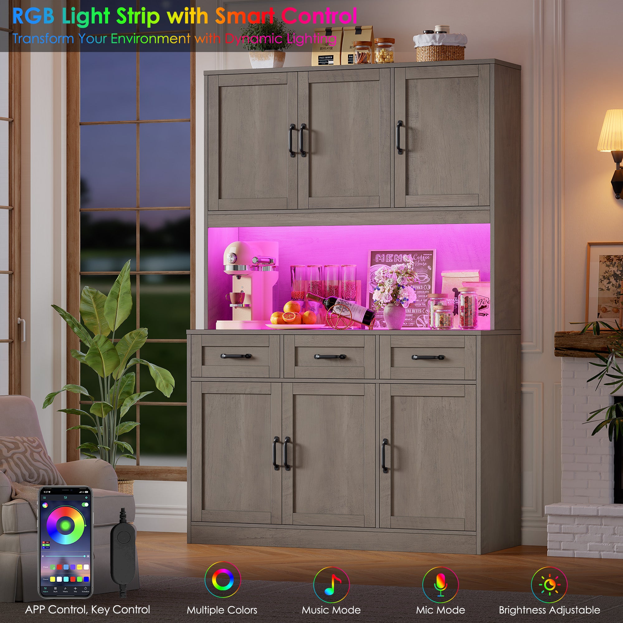 Hiphuta 72" Tall Kitchen Pantry Storgae Cabinet with RGB LED, Hutch Cabinet with Charging Station and Adjustable Shelves for Dining Room, Gray