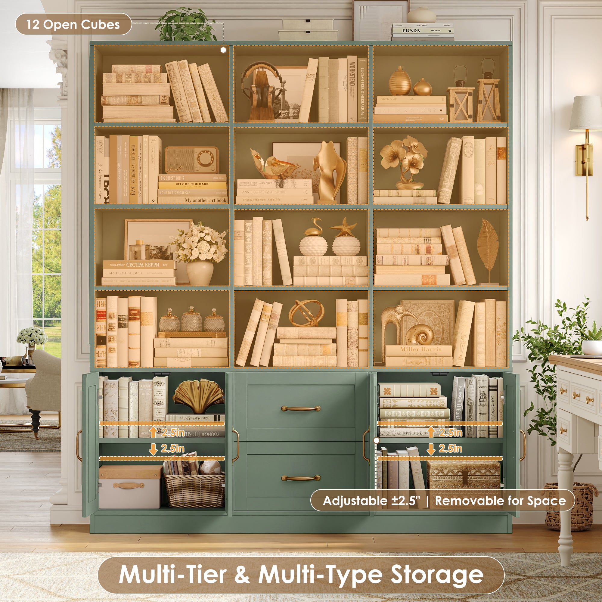 Triple Row 4-tier Bookcase, Large Bookcase with 4 Doors and 2 Drawers, Modern Minimalist Bookcase for Office Living Room, Green