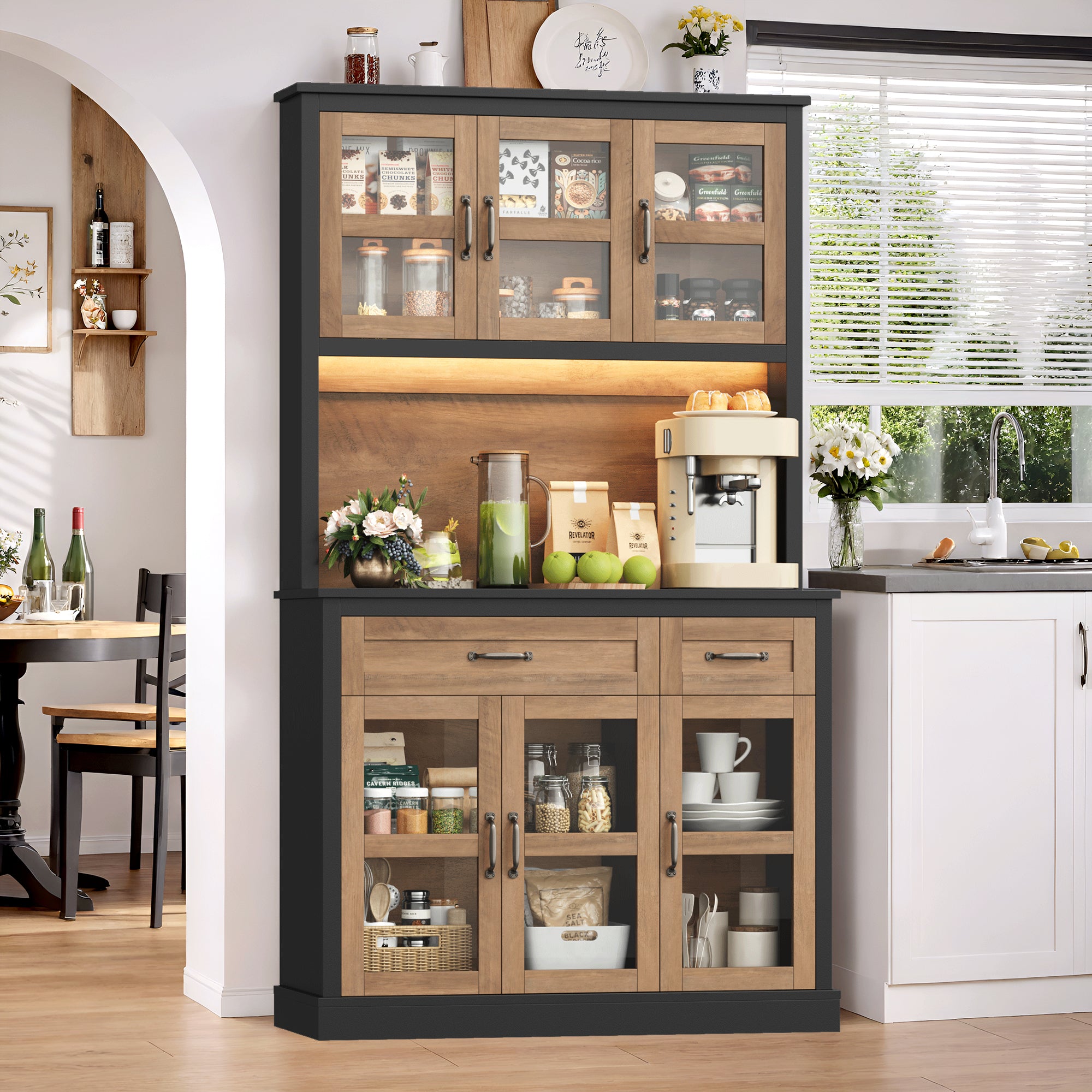 Hiphuta 71" Pantry Cabinet with Charging Station, Kitchen Pantry Storage Cabinet with Microwave Stand & Wine Rack, Food Wooden Pantry Cabinet with Countertop for Dining Room, Black & Oak