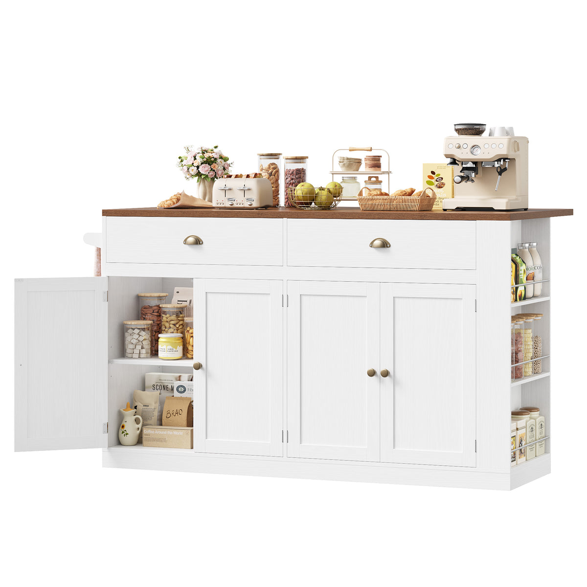 Hiphuta 63" Large Kitchen Island Cart with Storage, Rolling Island Table with Adjustable Shelves and 4 Drawers, Movable Buffet Cabinet for Dining room, White