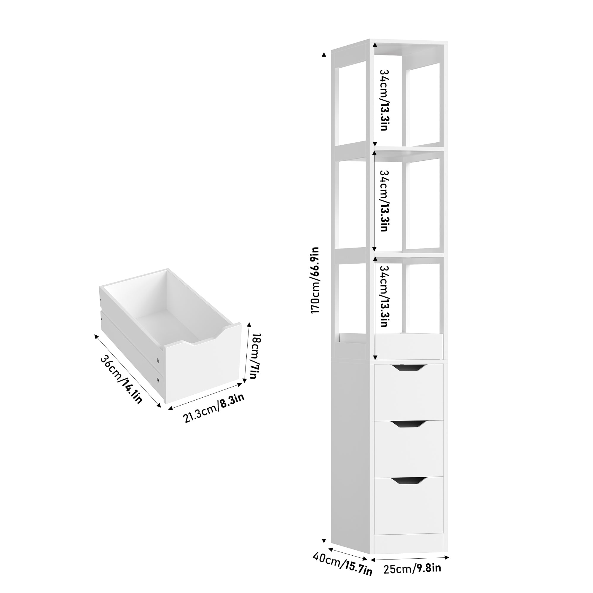 Hiphuta Bathroom Storage Tower with 3 Drawers, 67" Tall Bathroom Cabinet with 3-Tier Open Shelves, Narrow Linen Cabinet for Small Spaces, White