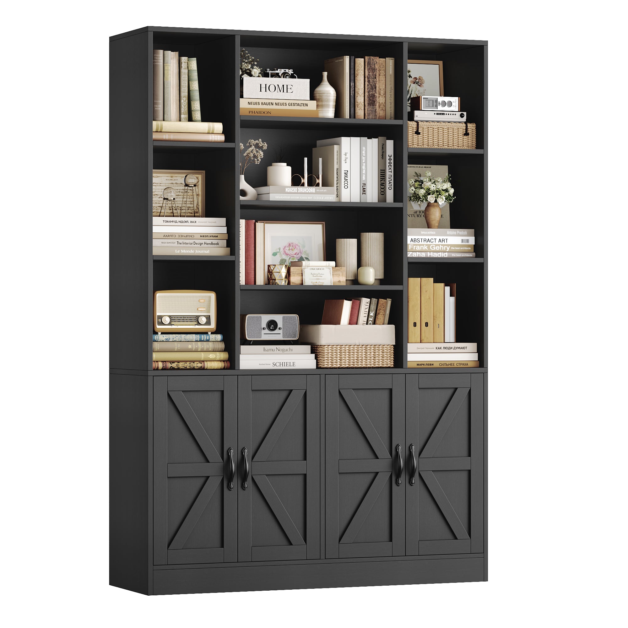 Hiphuta 75" Tall Modern Bookcases with 2 Double Door Cabinet, 47"Wide Wooden Storage Bookshelf for Living Room Home Office Entryway, Black