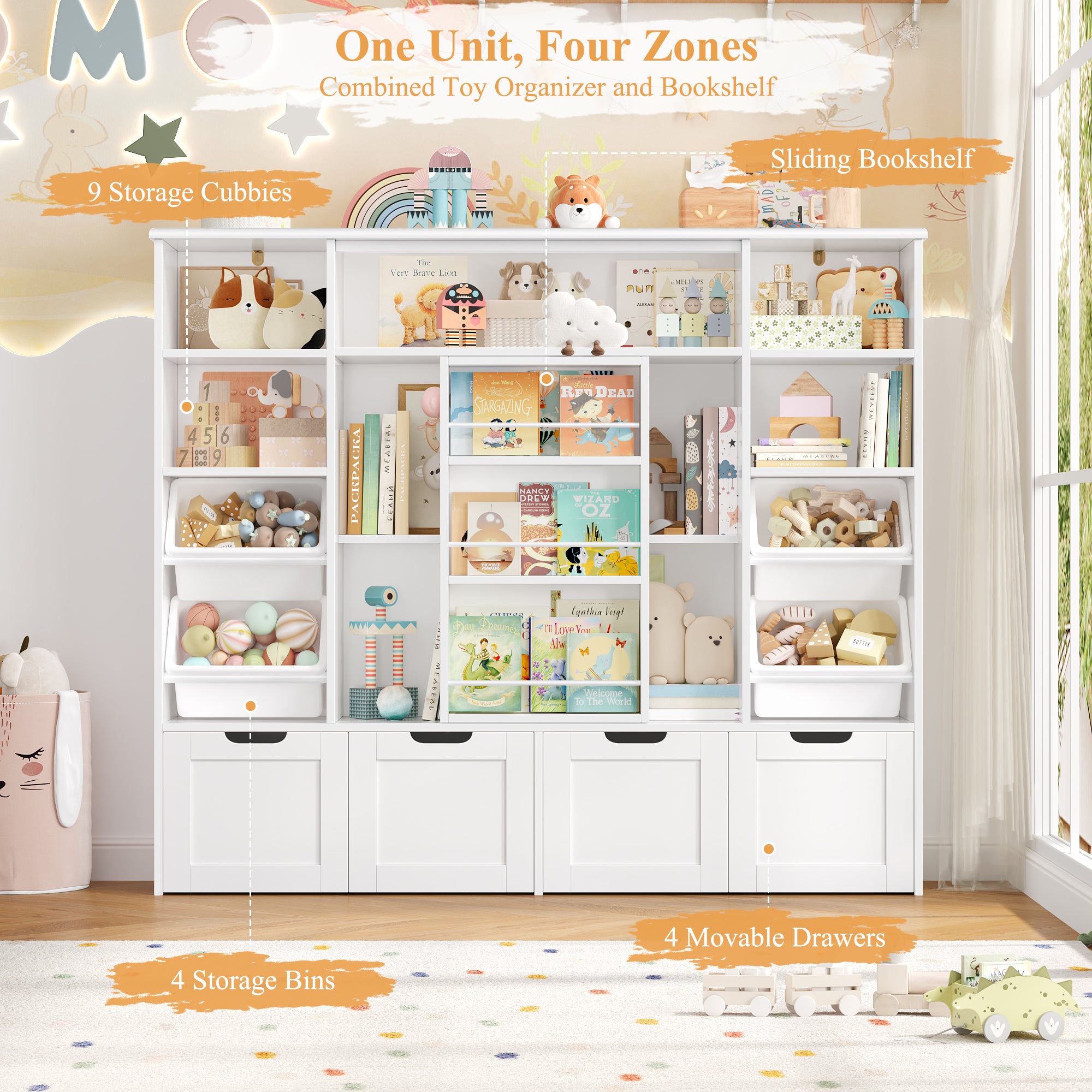 Hiphuta Kid Toy Storage with Bookshelf, Kid Toy Organizer with 4 Removable Drawers, Kid Bookcases with Toy Box for Kid Bedroom Playroom, White