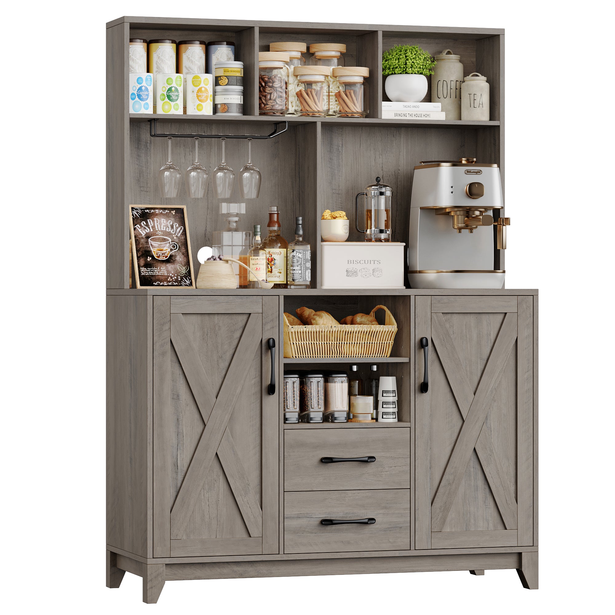 Hiphuta Kitchen Pantry Storage Cabinet, Food Pantry Cabinet with Microwave Stand, Farmhouse Wine Bar Cabinet, Coffee Bar Hutch with Wine Rack for Dining Room, Living Room, Ash Gray