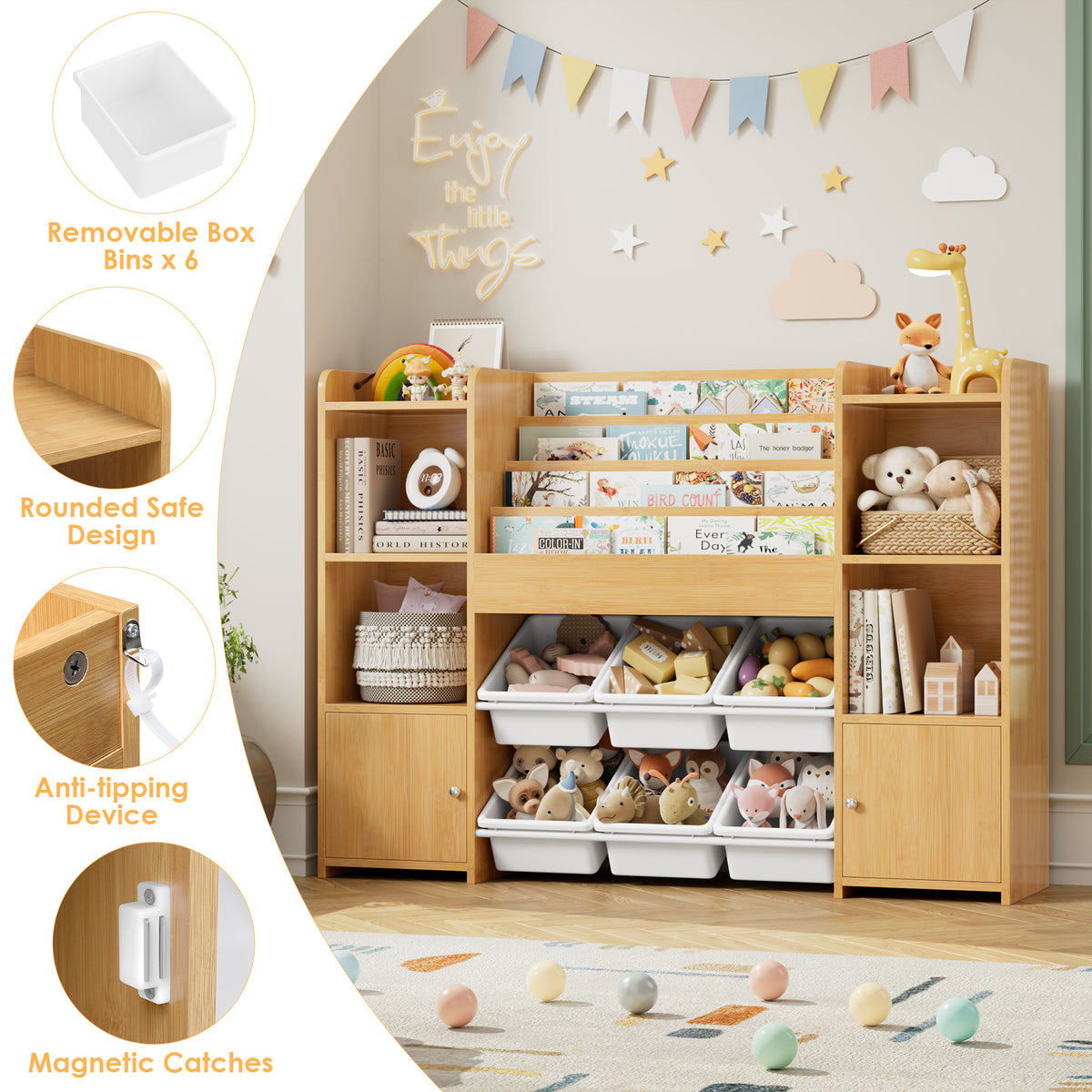 Hiphuta Kids Bookshelf with Toy Storage Organizer, Wood Bookcase Toy Organizer with 6 Removable Bins, Book Shelf for Kids Bedroom Playroom, Natural
