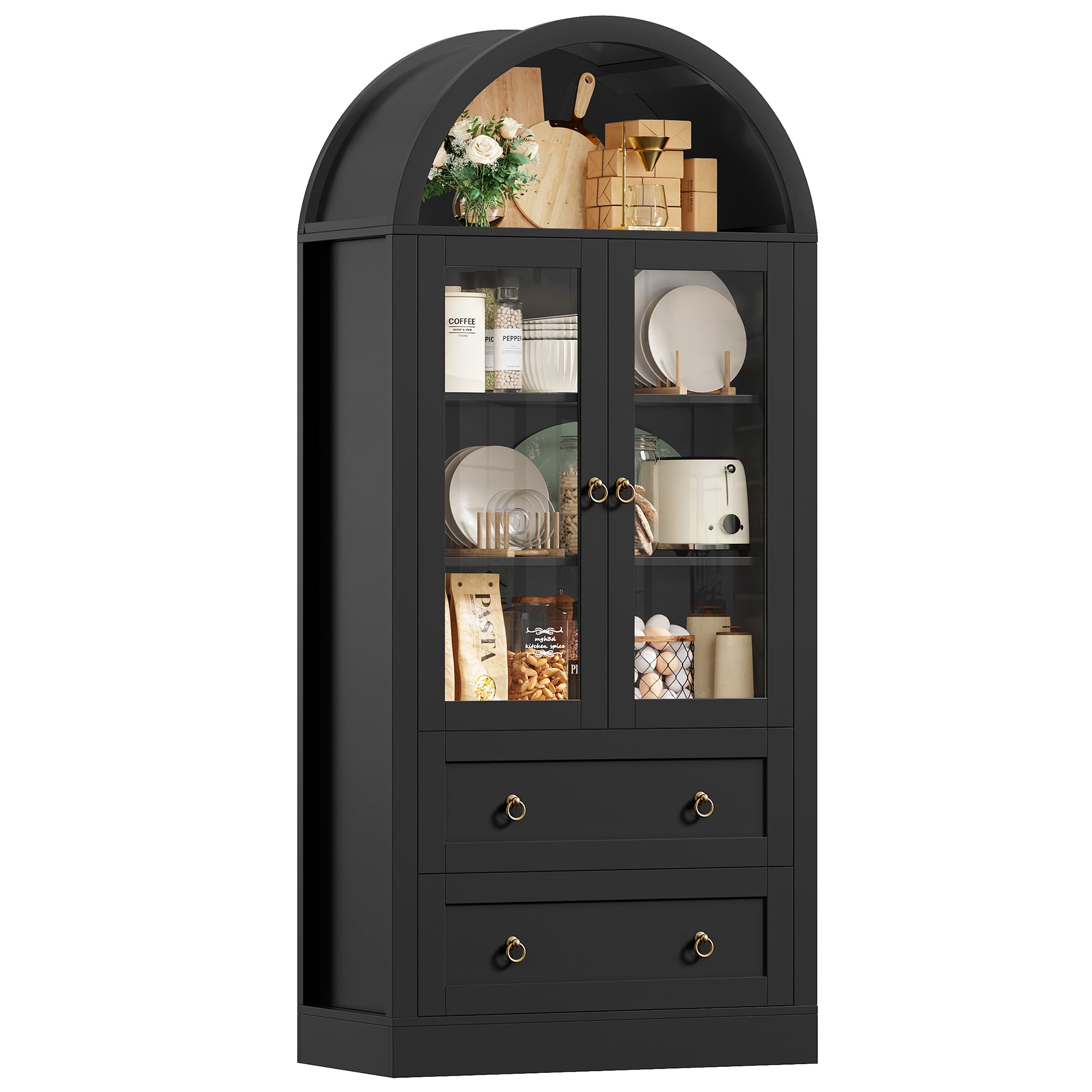 Hiphuta 70" Tall Arched Kitchen Pantry Storage Cabinet with 2 Large Drawers, Freestanding Modern Farmhouse Versatile Hutch Cupboard for Dining Room, Black