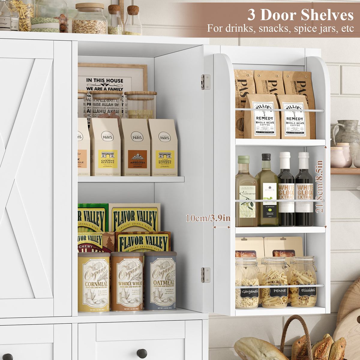 Hiphuta Farmhouse Kitchen Pantry Cabinet with Doors, Large Pantry Stroage Cabinet for Kitchen Dining Room, White