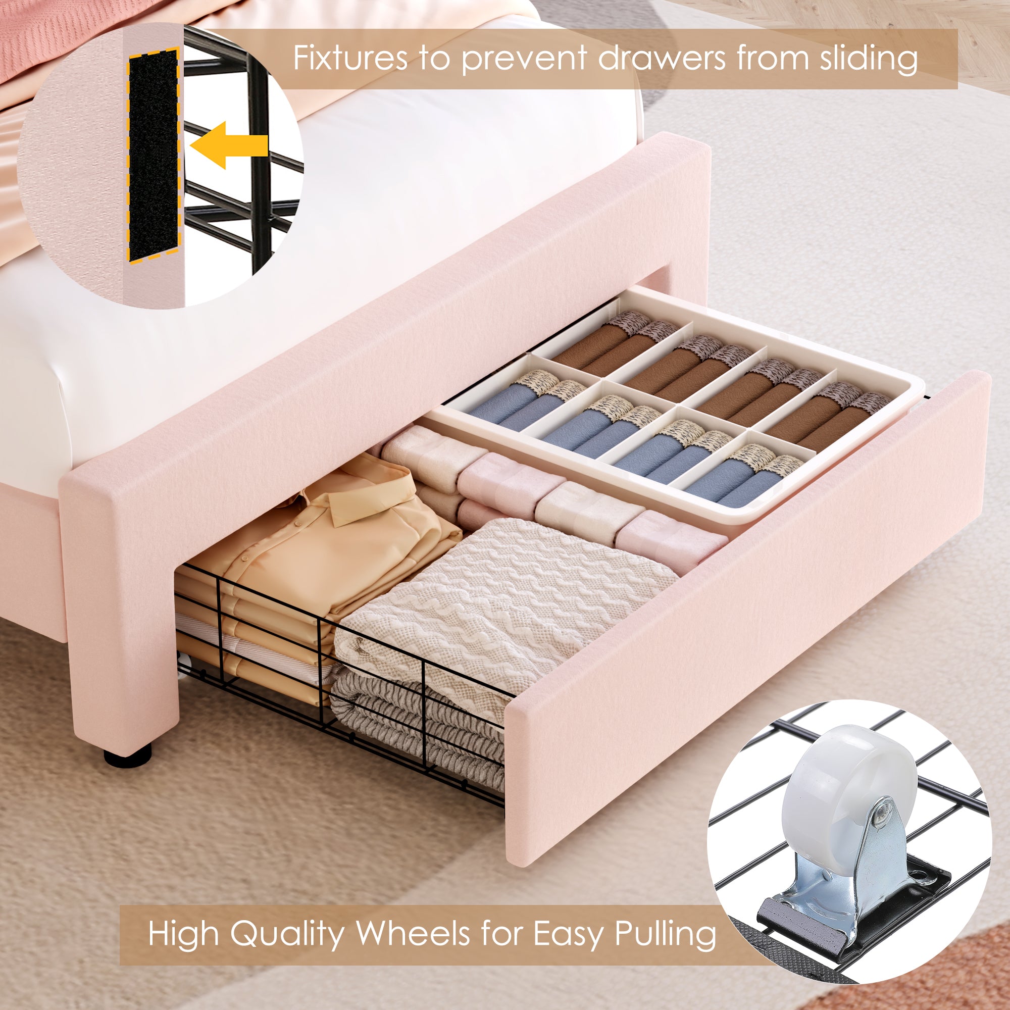 Hiphuta Kids LED Twin Bed with 2 Drawers, LED Lights Platform Bed Frame with Upholstered Tufted Headboard, No Box Spring Needed, Velvet Pink