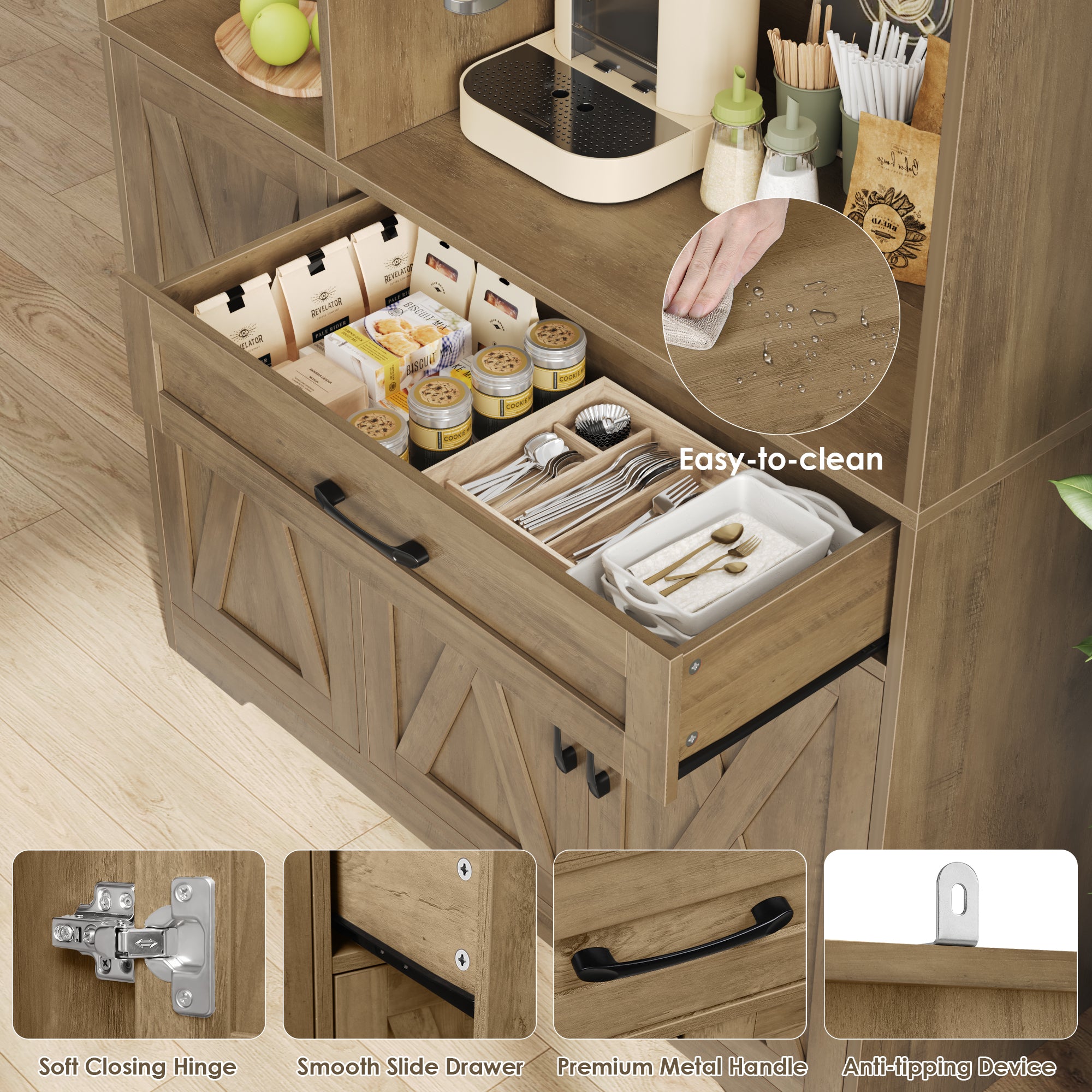 Hiphuta 71" Farmhouse Kitchen Pantry Storage Cabinet, Freestanding Hutch with Doors, Shelves & Microwave Stand, Cupboard for Dining Room, Rustic Brown