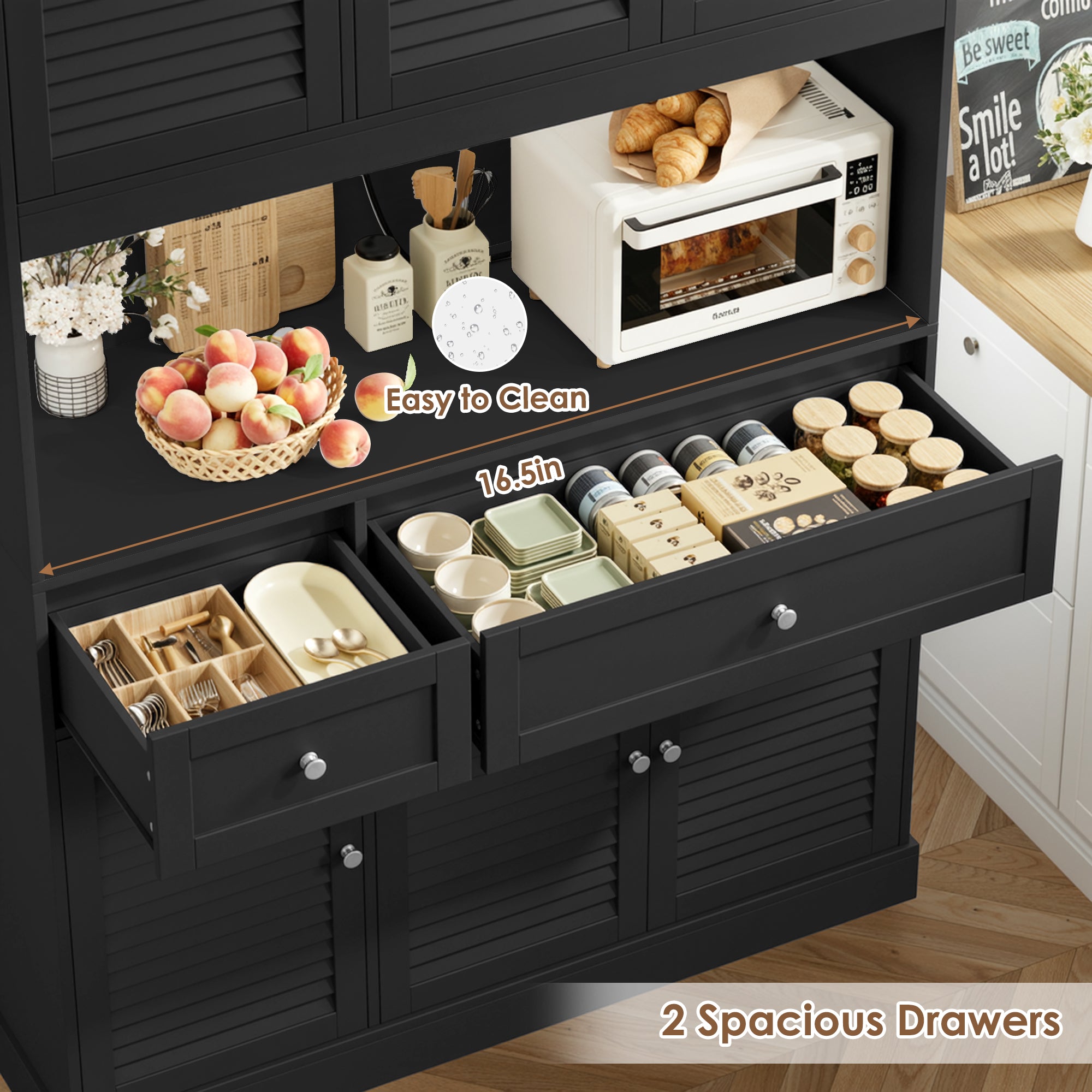 Hiphuta 70” Tall Modern Pantry Cabinet with Adjustable Shelves, Freestanding Kitchen Hutch Cabinet with Louvered Door for Dining Room, Black