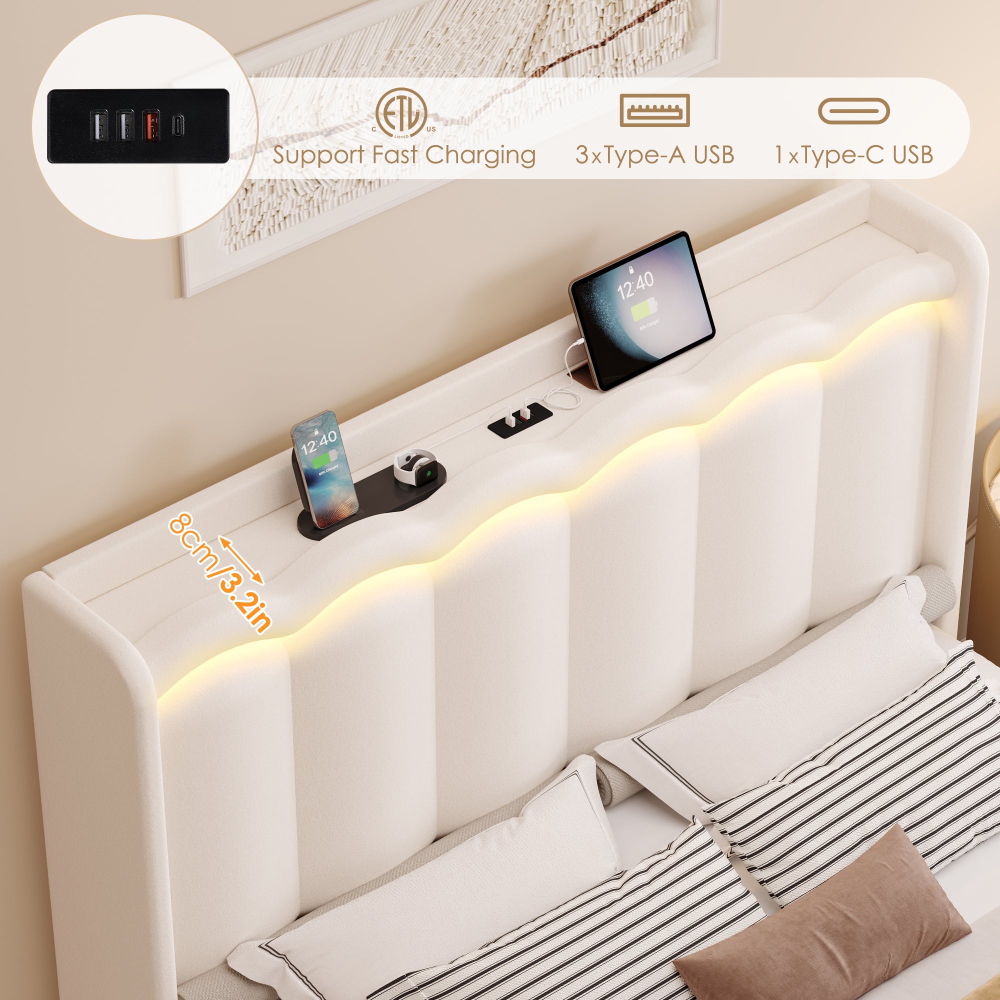 Hiphuta Queen Size Bed with Power Outlet & LED, Upholstered Velvet Beds with Drawer, Queen Beds with Headboard Storage, Beige